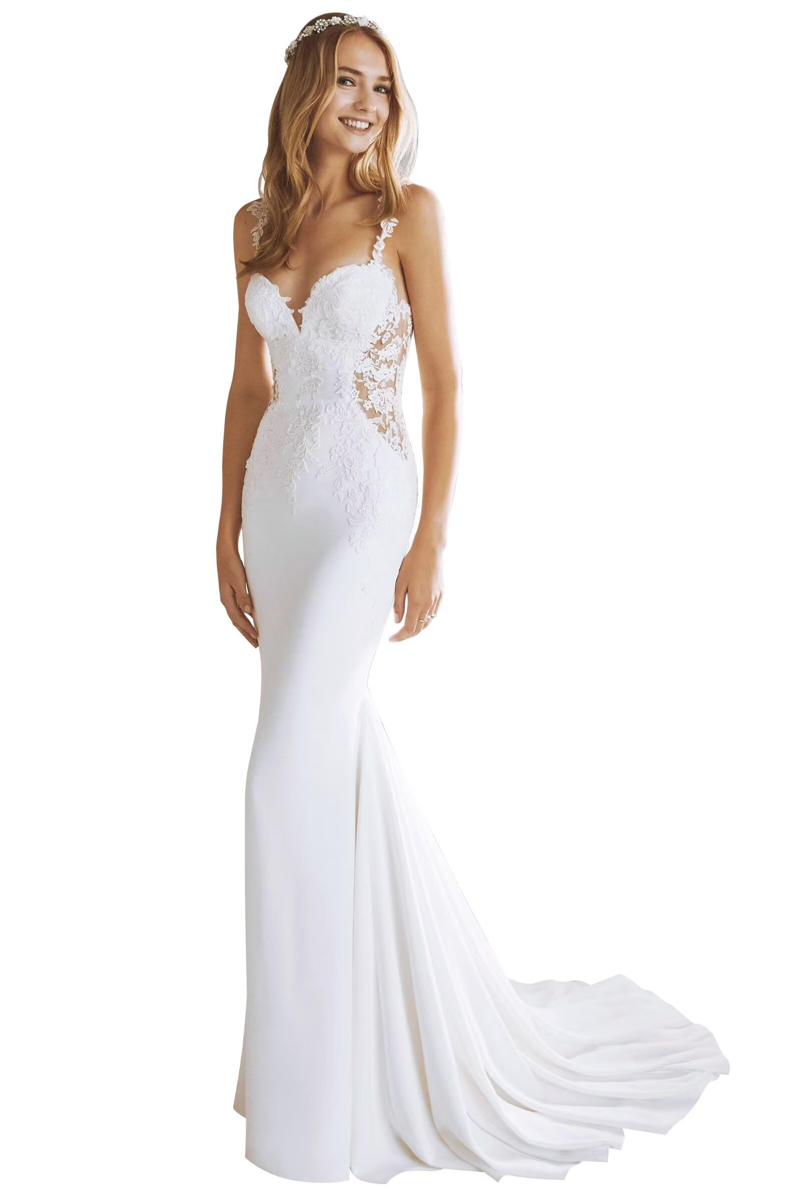 Mermaid Wedding Dresses for Bride - Elegant Lace Sheer Waist Beach Wedding Gown | Women's Bridal Dress for Beach, Destination & Outdoor Weddings