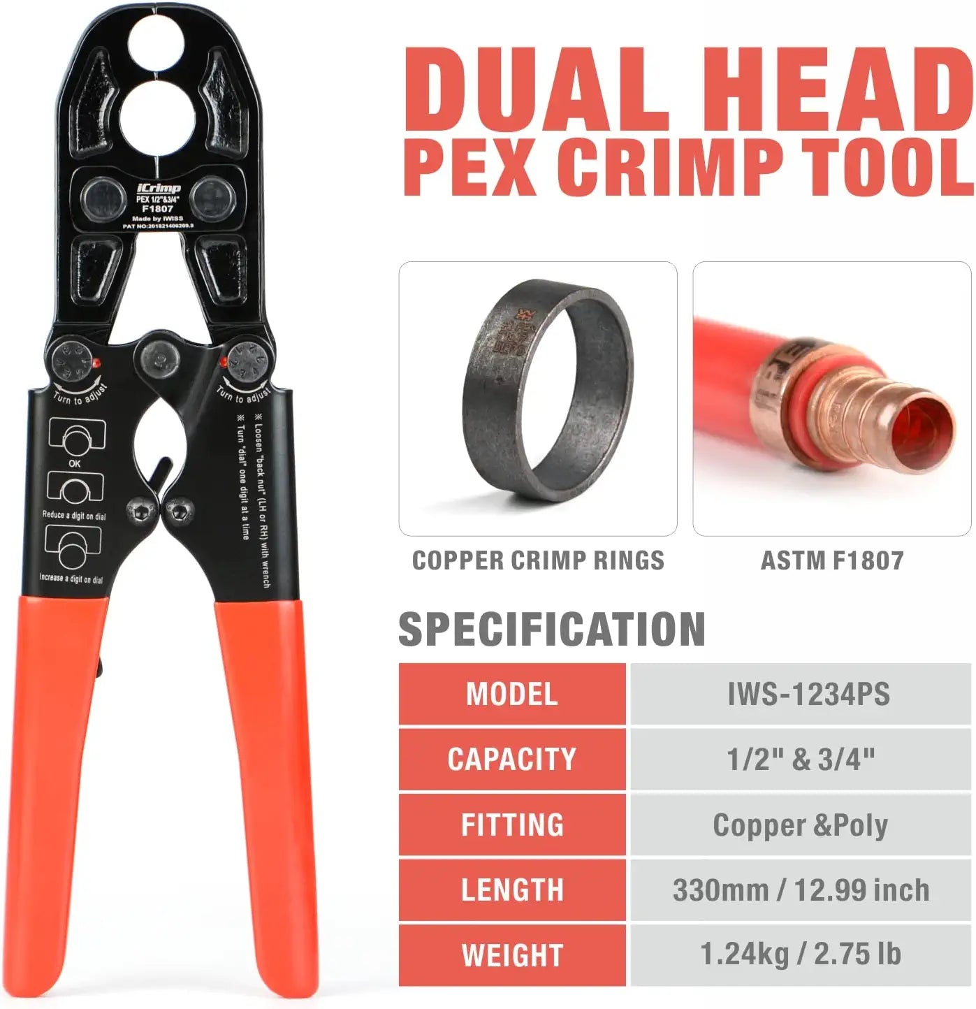 Professional PEX Crimp Tool Set - 1/2 inch & 3/4 inch Copper Crimp Ring Plier with Go/No Go Gauge - Perfect for Plumbing, HVAC, and Water Supply Line Installations