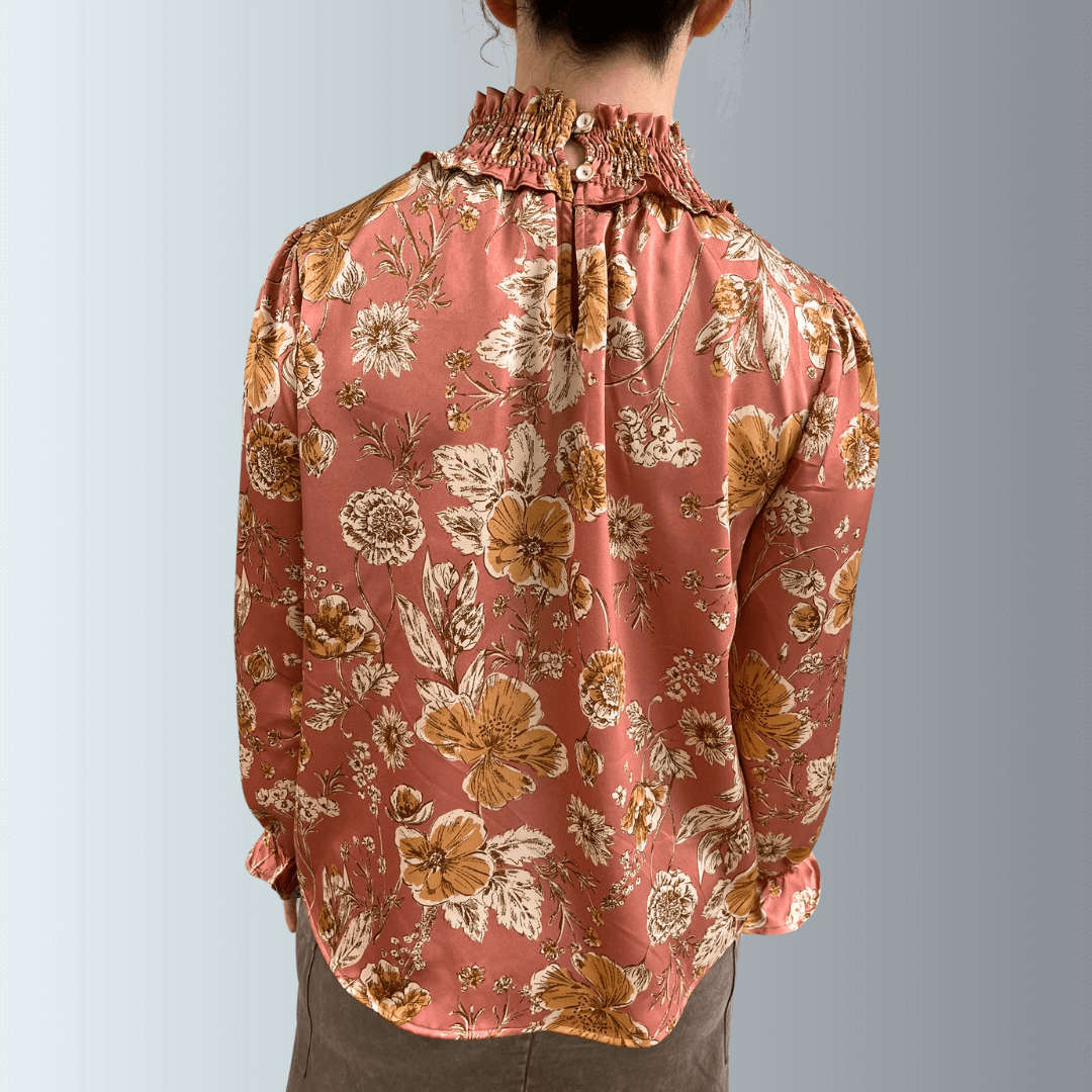 Elegant Mauve Floral Smocked Mock Neck Blouse | Made in USA | Perfect for Casual Outings & Spring Fashion