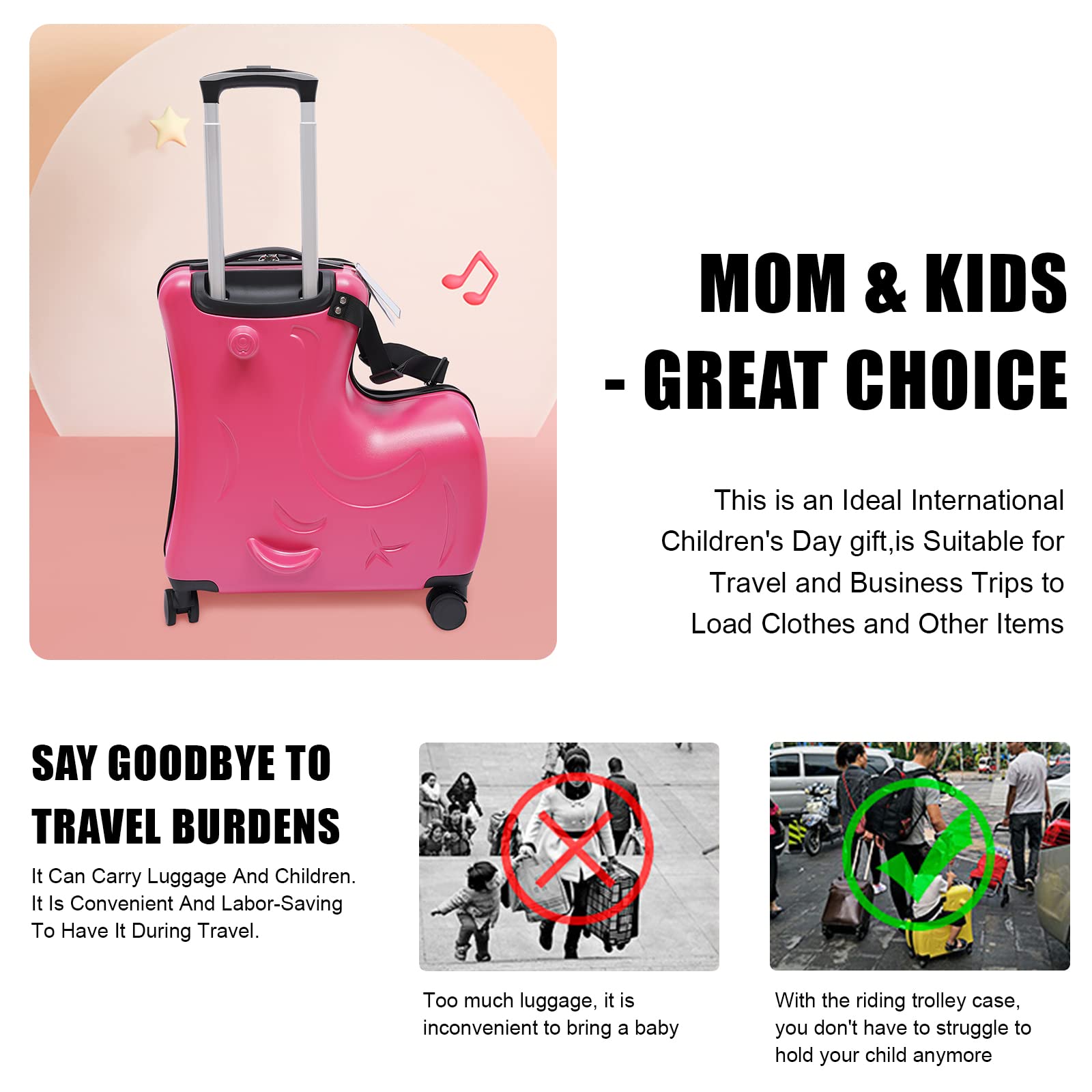 DNYSYSJ 20 Inch Ride-On Kids Luggage - Fuchsia Wheeled Carry-On Suitcase for Children, Waterproof & Universal Travel Trolley - Perfect for Airports, Family Vacations & School Trips