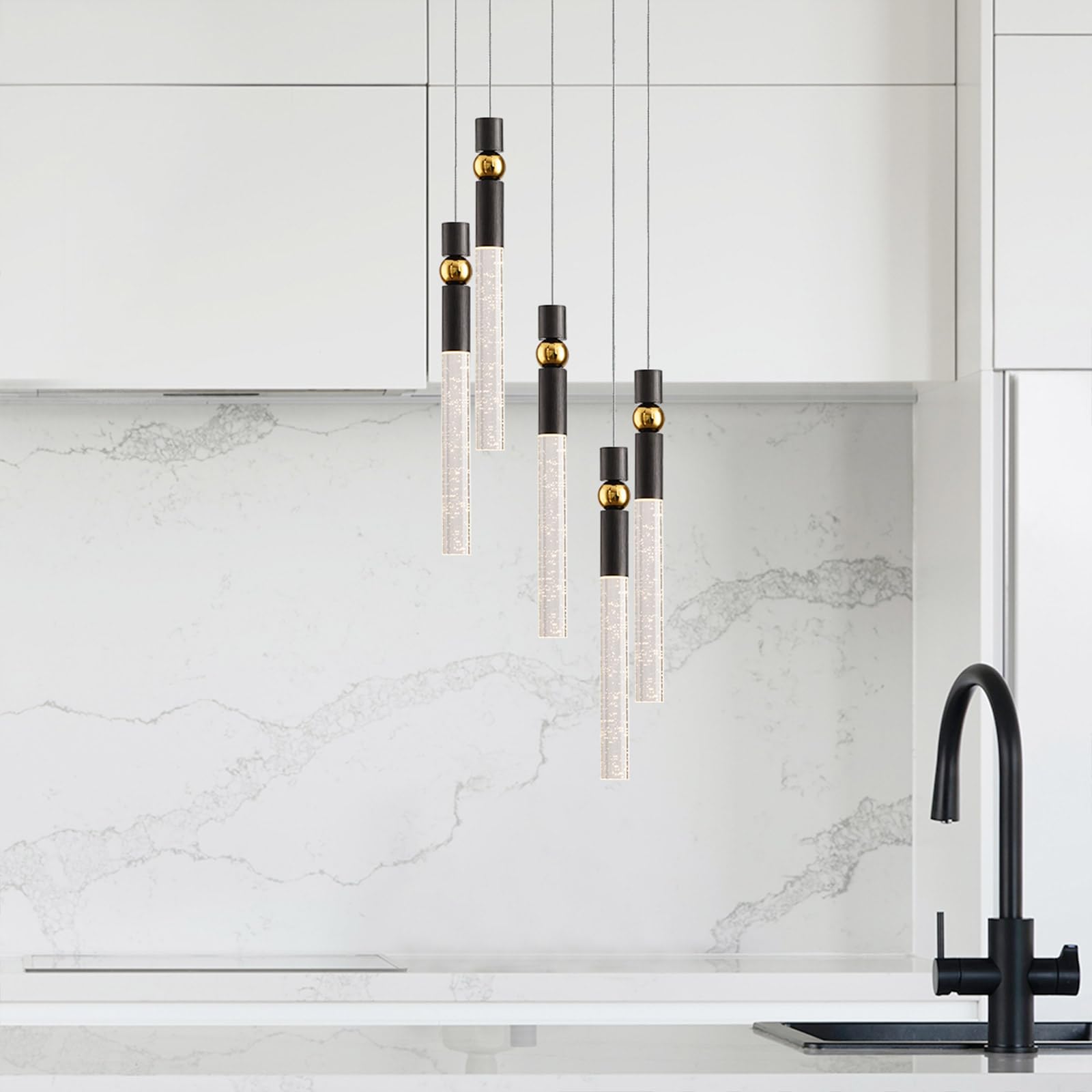 JoollySun Modern Crystal Pendant Light Fixture - 5-Light Cluster LED Chandelier for Kitchen Island, Dining Room Table in Black Gold Finish | Perfect for Contemporary Home Decor & Restaurant Lighting