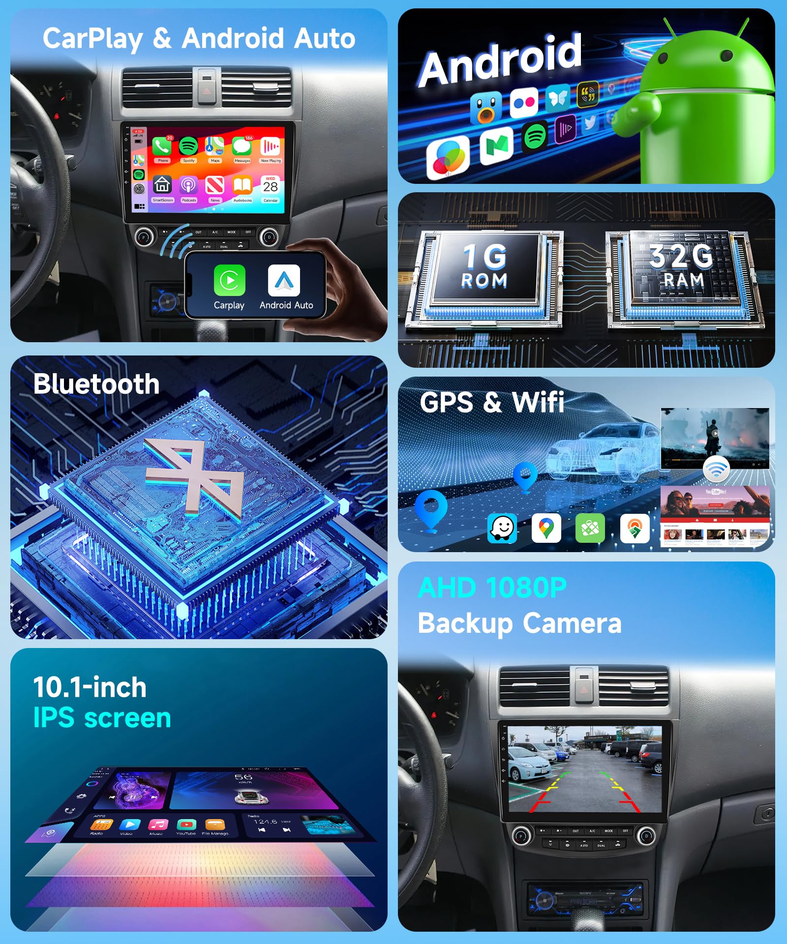 Podofo 10.1 Inch HD IPS Touch Screen Car Stereo for 2003-2007 Honda Accord 7th Gen - Wireless Apple CarPlay & Android Auto, GPS Navigation, Bluetooth, WiFi, HiFi/16 EQ, MirrorLink, FM Radio with Backup Camera | Perfect for Road Trips & Daily Commuting