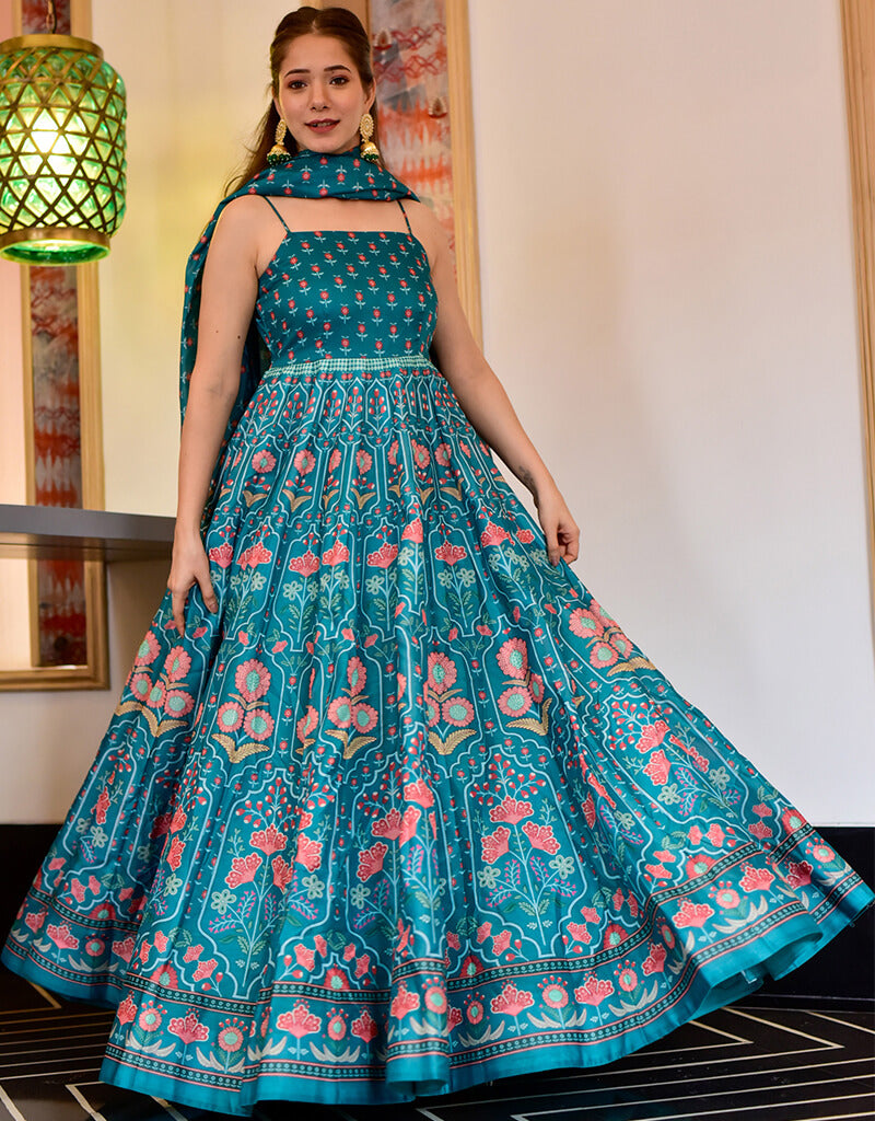 Blue Silk Cotton Anarkali Pant - Elegant Traditional Indian Women's Dress for Festivals, Weddings & Special Occasions