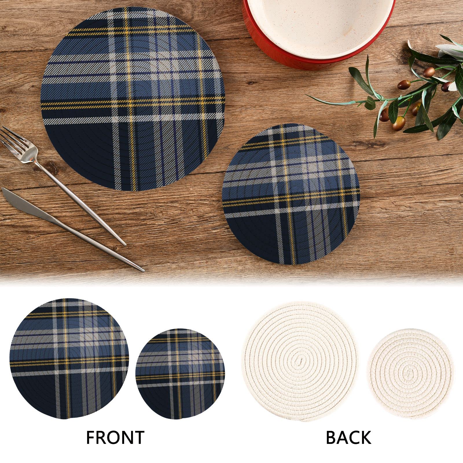 Scotland Fabric Pot Holders Set of 2 - Heat Resistant Cotton Round Kitchen Holders with Rope Trivets - Handwoven Thread Coasters for Cooking, Dining & Hot Dishes - Perfect for Baking, Serving & Home Decor