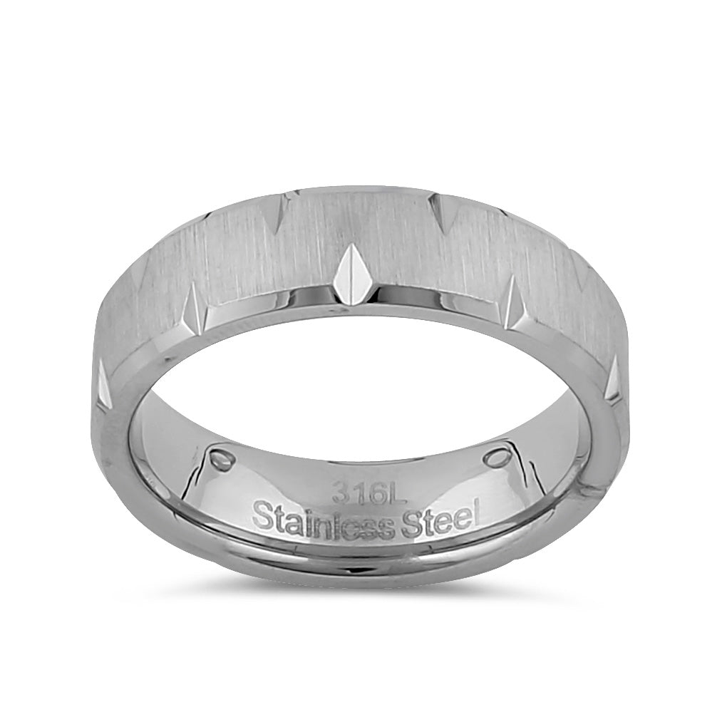 6mm Brushed Diamond Cut Stainless Steel Men's Wedding Band Ring - Durable & Hypoallergenic for Everyday Wear & Special Occasions