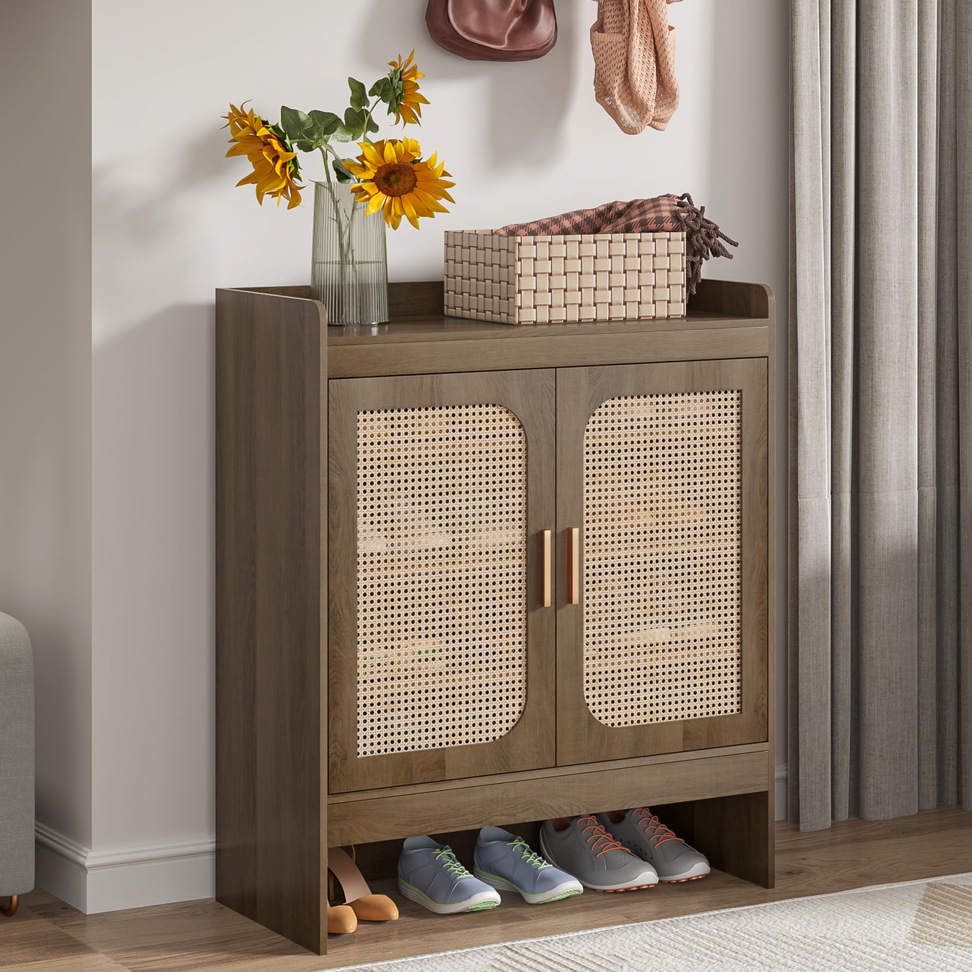 4-Tier Rattan Shoe Storage Cabinet with Doors & Adjustable Shelves - Entryway Shoe Organizer for Hallway, Bedroom, or Closet - Space Saving Shoe Rack for Home Organization