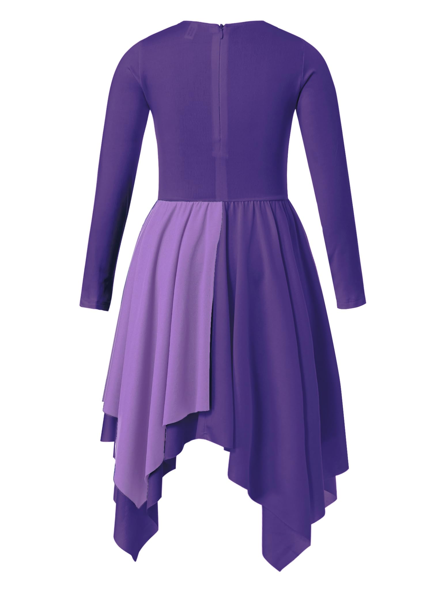 Girls Long Sleeve Metallic Praise Dance Dress - Liturgical Worship Costume with Asymmetrical Design for Church Performances & Religious Ceremonies