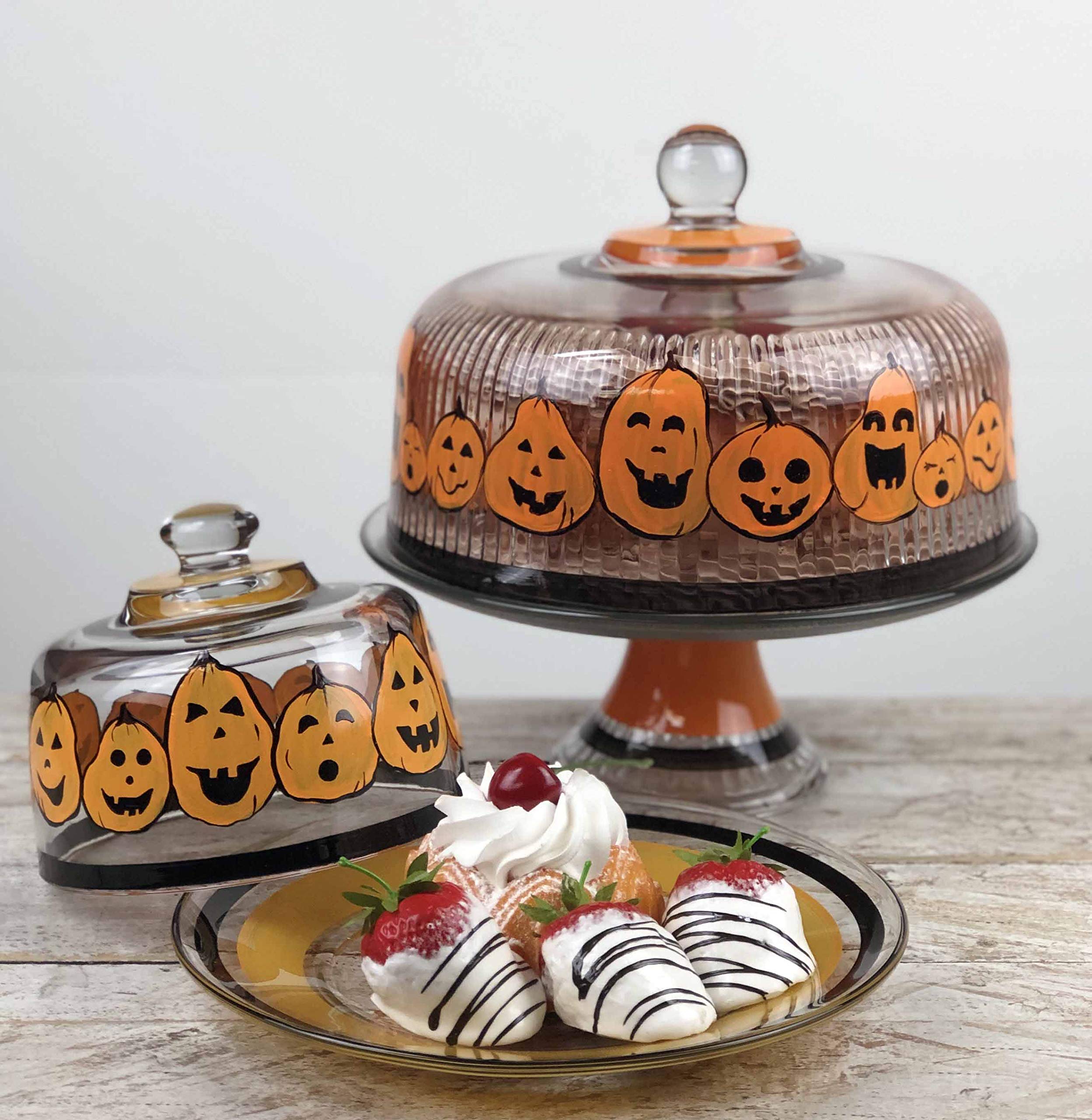 Hand Painted Pumpkin Family Cake Stand with Glass Cover - Unique Decorative Cake Dome for Dessert Display - American Artist Crafted Glassware for Kitchen Table Decor & Party Serving