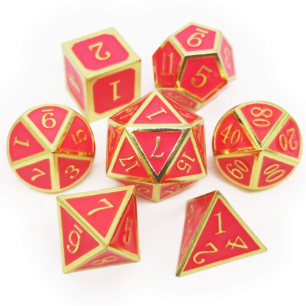 Haxtec Glow in The Dark Metal DND Dice Set - Gold & Pink D&D Dice for Dungeons and Dragons RPG Games | Perfect for Nighttime Gaming, Tabletop Roleplaying & Collectors (Glowing Red/Cream Pink)