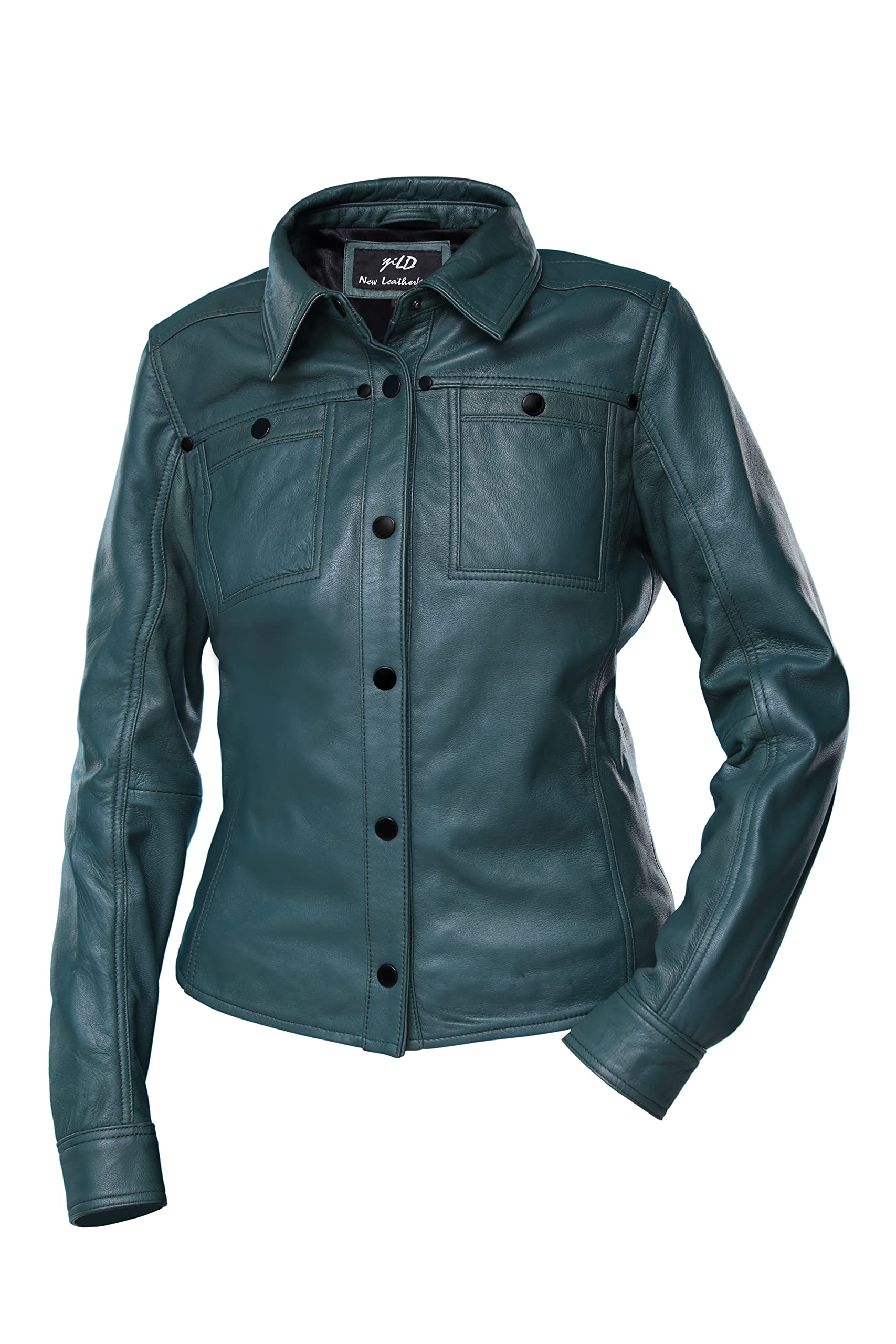 Jild Women's Button Front Lambskin Leather Jacket Shacket - Long Sleeve Casual Shirt Jacket with Bust Pocket | Perfect for Fall Layering, Date Nights & Office Wear