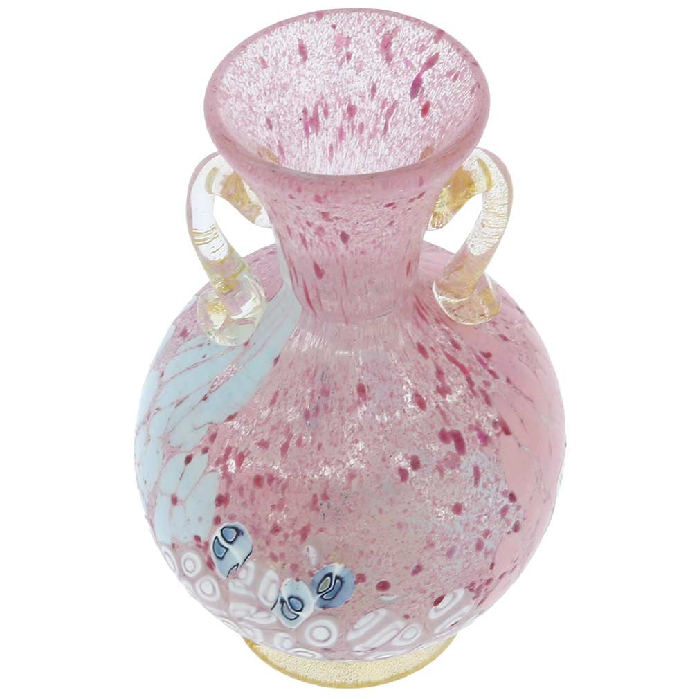 Venetian Murano Glass Millefiori Vase with 24K Gold Handles - Handcrafted Rose Design Italian Art Glass Vase for Home Decor, Wedding Centerpiece & Luxury Gift