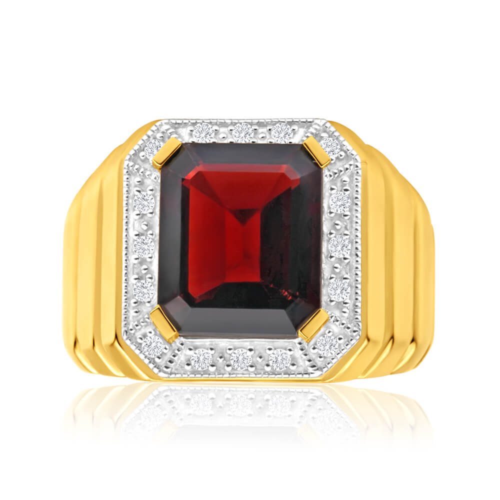 9ct Yellow Gold 12x10mm Emerald Cut Garnet and Diamond Halo Men's Ring - Elegant Jewelry Gift for Anniversary, Wedding & Special Occasions