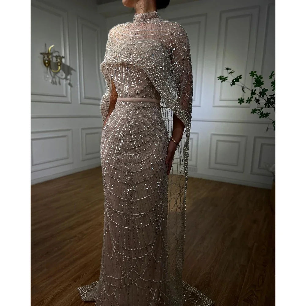 Elegant Green Pearl Evening Gown with Detachable Cape - LA72032 | Luxury Designer Dress for Prom, Gala & Formal Events