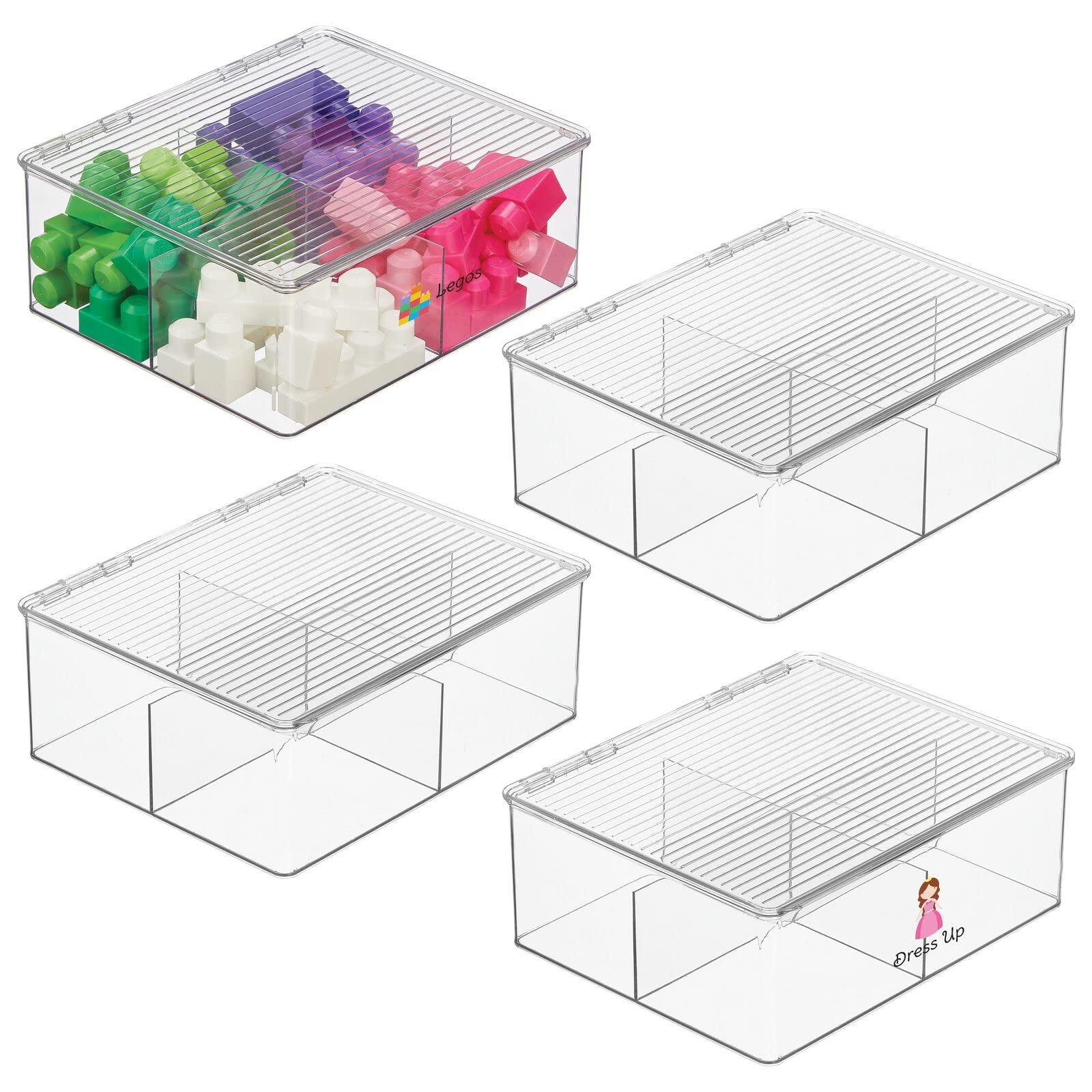 mDesign Clear Plastic Stackable Toy Storage Bin with Hinged Lid - 4 Divided Compartments Organizer for Playroom, Kids' Room, Nursery - Perfect for Small Toys, Crafts, School Supplies - Includes 24 Labels - 4 Pack - Ideal for Classroom, Daycare & Home Organization