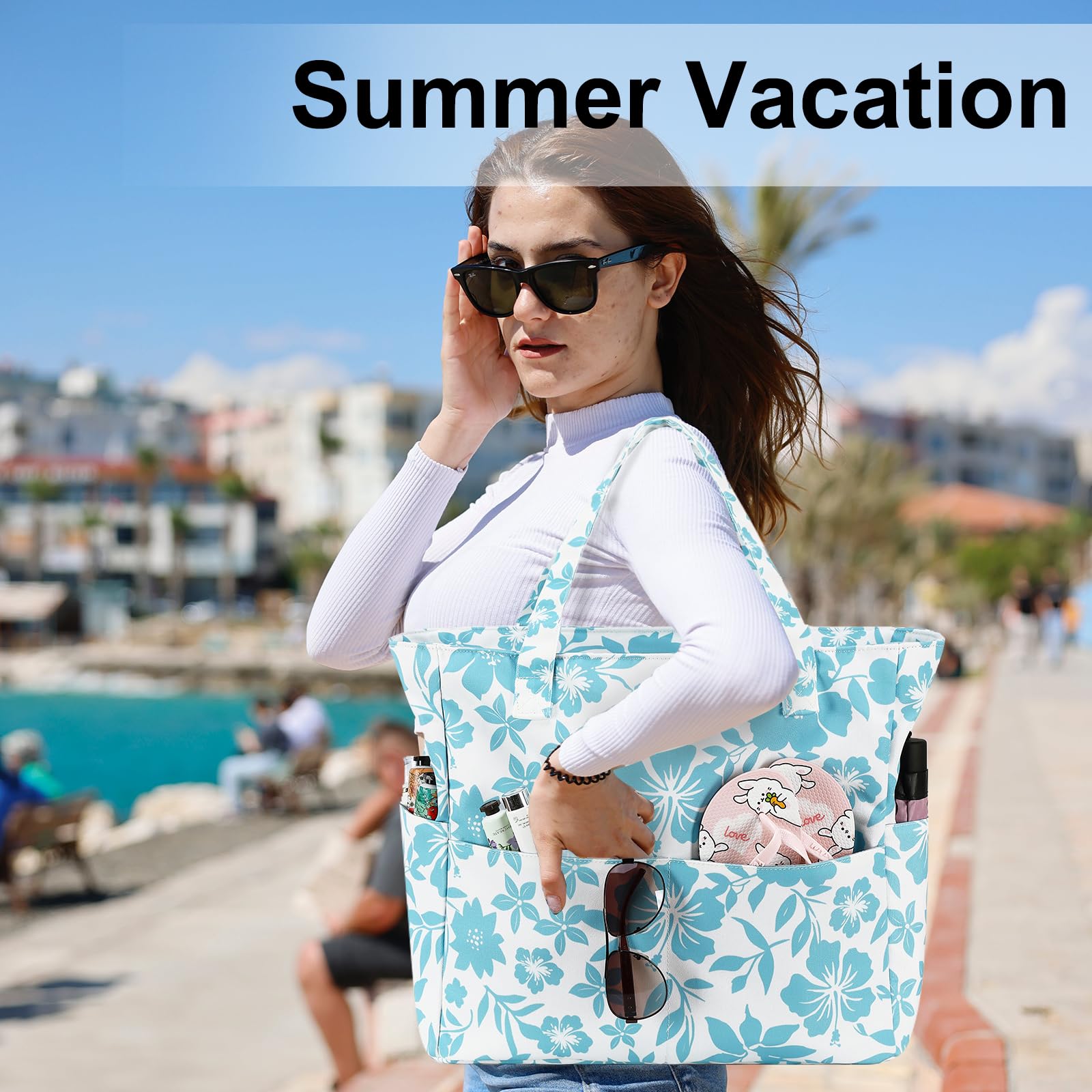 LEDAOU Large Waterproof Beach Tote Bag for Women - Sandproof Zippered Pool & Gym Bag with Wet Pocket - Perfect for Beach, Travel, Shopping & Groceries