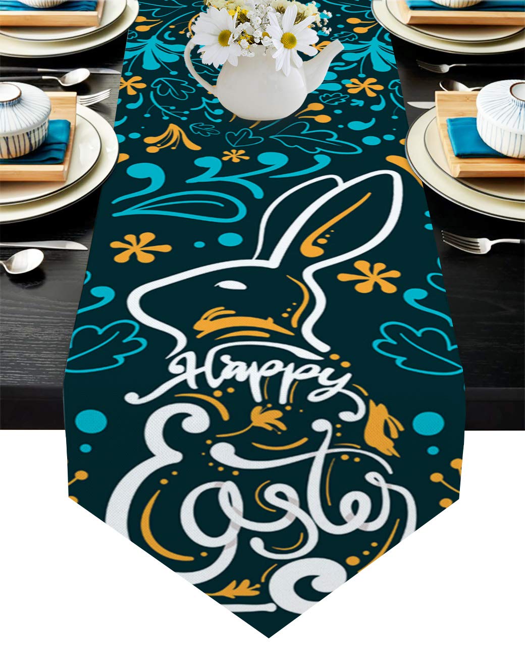 120 Inch Long Easter Table Runner - Abstract Lines with Rabbit & Leaves Design, Non-Slip Washable Burlap Table Linen for Family Dinners, Parties, Weddings & Gatherings | Perfect for Indoor & Outdoor Decorations