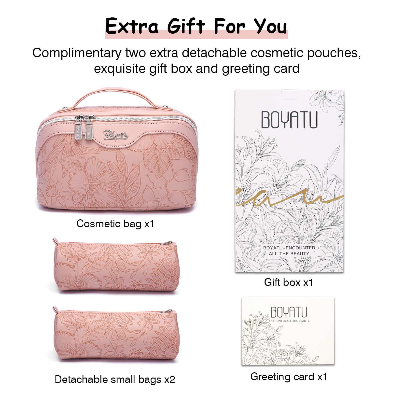 BOYATU 3-Piece Travel Makeup Bag Set - Large Capacity Cosmetic Organizer with Dividers, PU Leather Toiletry Pouch for Women - Portable Wide Open Design with Handle (Pink) - Perfect for Travel, Gym, and Daily Makeup Storage