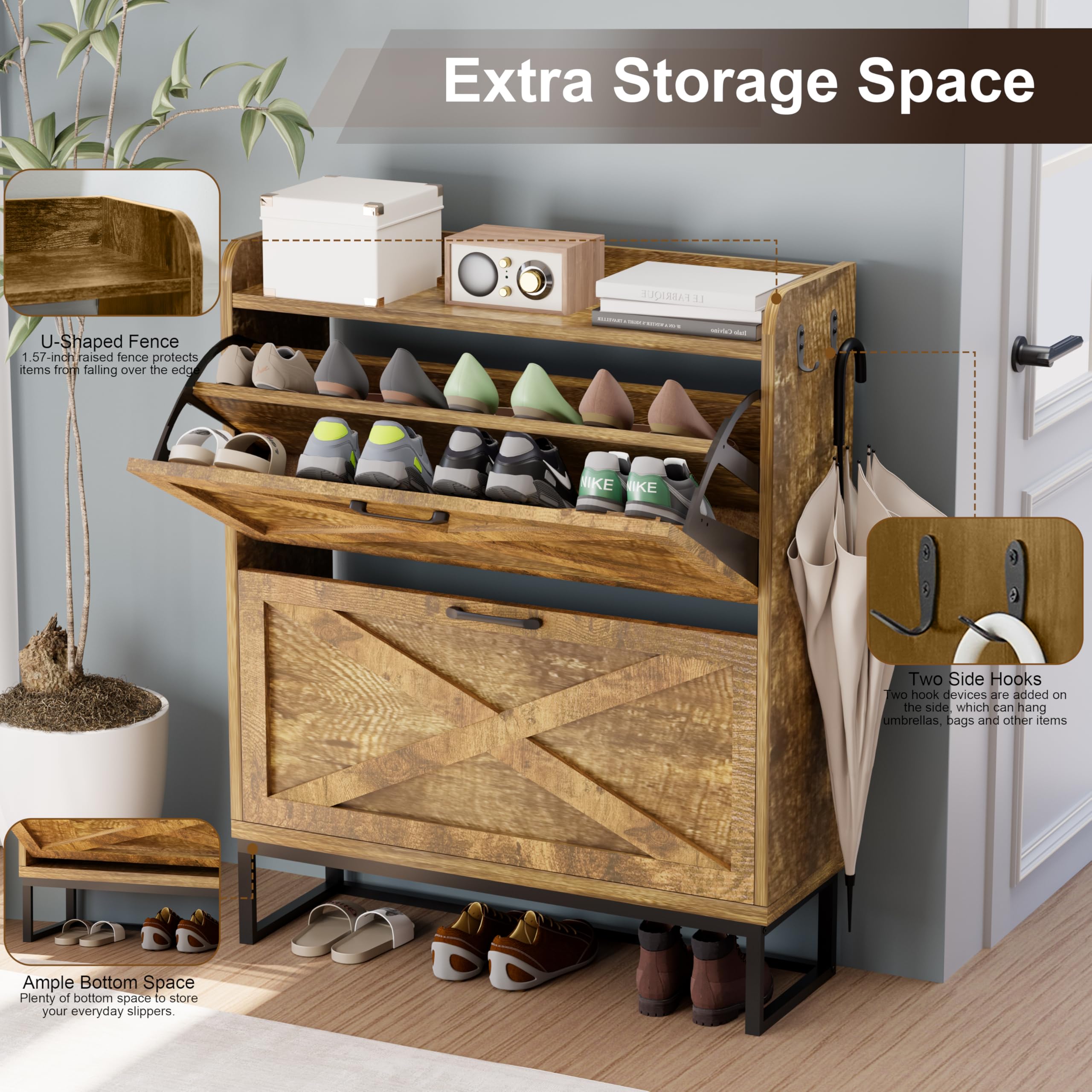Slim Shoe Cabinet for Entryway - 2 Flip Drawers Shoe Organizer with Hidden Storage & Metal Legs, Farmhouse Free Standing Shoe Rack Cabinet in Rustic Brown - Perfect for Small Spaces, Apartments and Home Organization