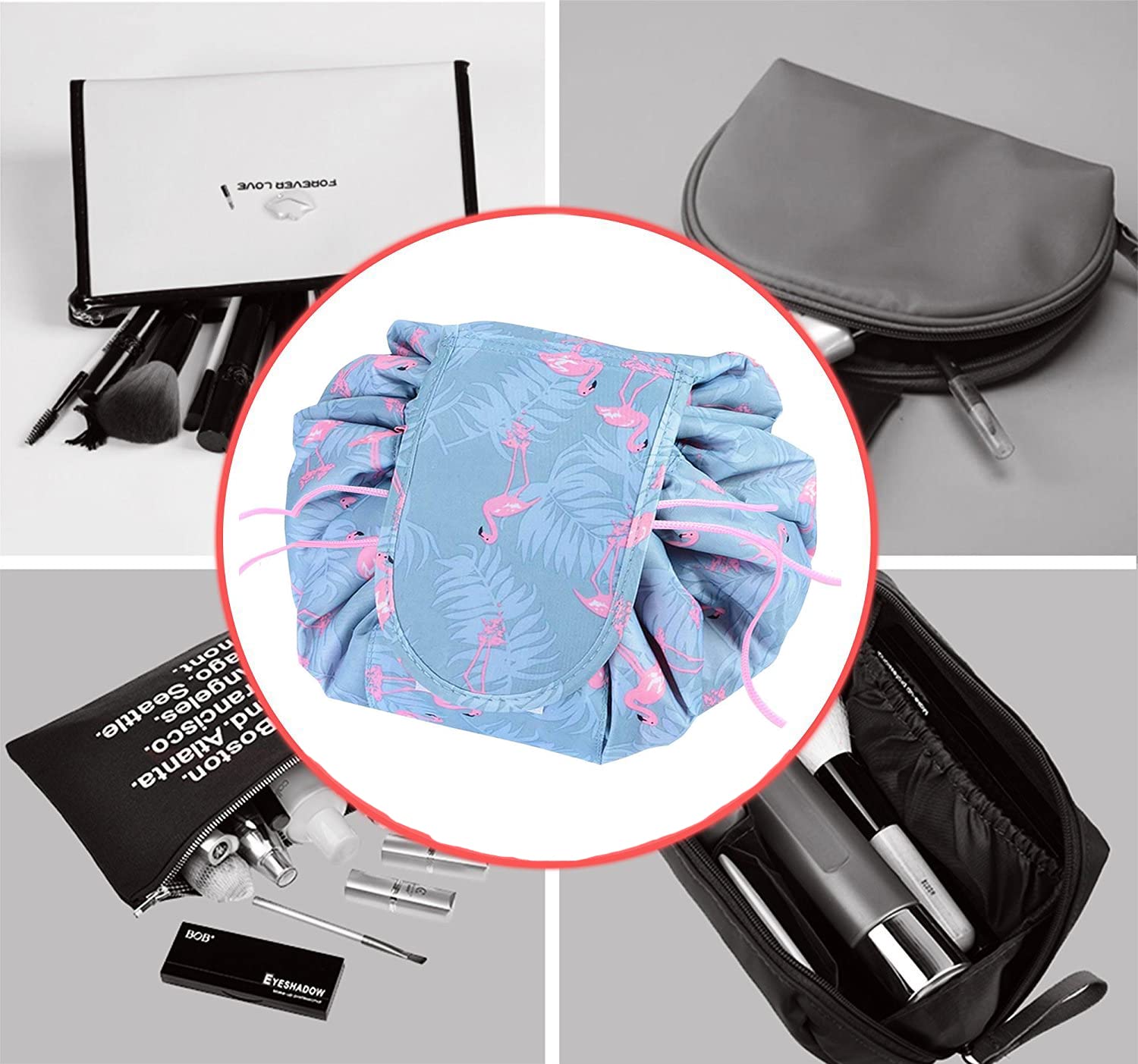 VALAMJI Large Waterproof Drawstring Cosmetic Bag - Travel Makeup Organizer & Toiletry Pouch with Lazy Design (Grey Flamingo) - Perfect for Gym, Beach Trips & Daily Essentials Storage