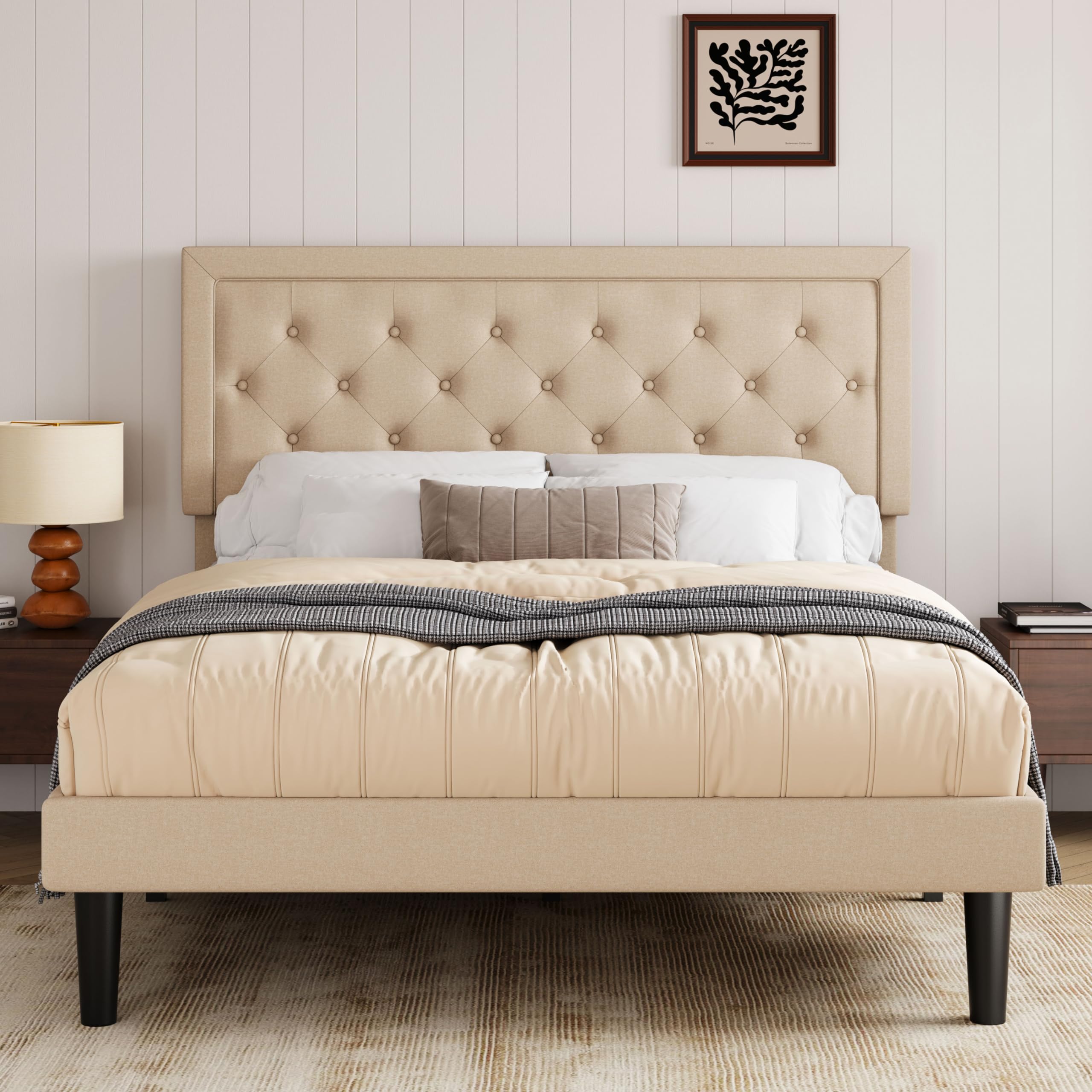 Allewie Full Size Button Tufted Fabric Upholstered Bed Frame with Adjustable Headboard, Wood Slat Support & Mattress Foundation in Beige - Perfect for Master Bedrooms, Guest Rooms & Modern Home Decor