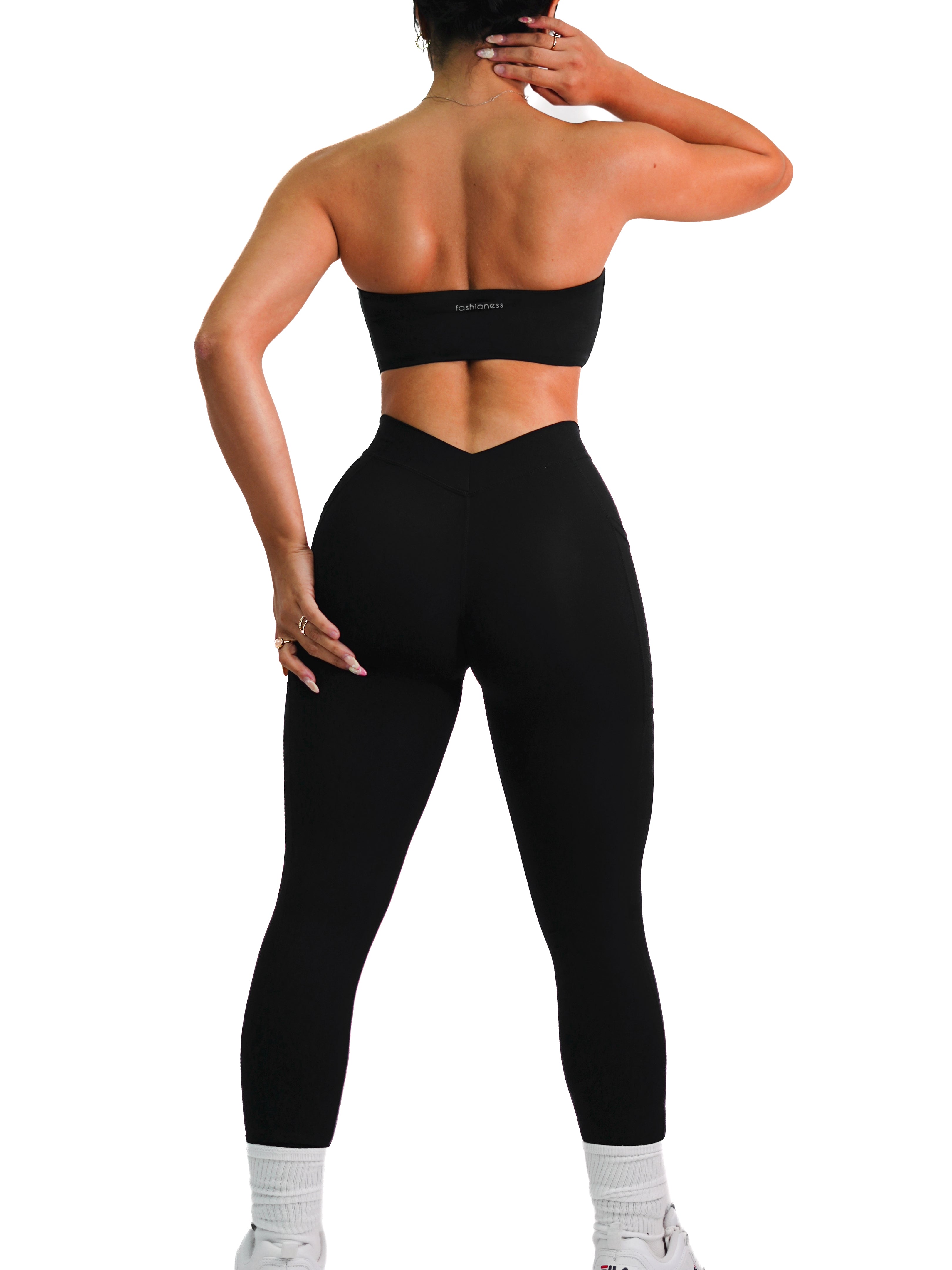 Premium V-Back Pocket Yoga Leggings for Women - High Waisted Workout Tights with Side Pockets - Black - Perfect for Gym, Running & Lounge Wear