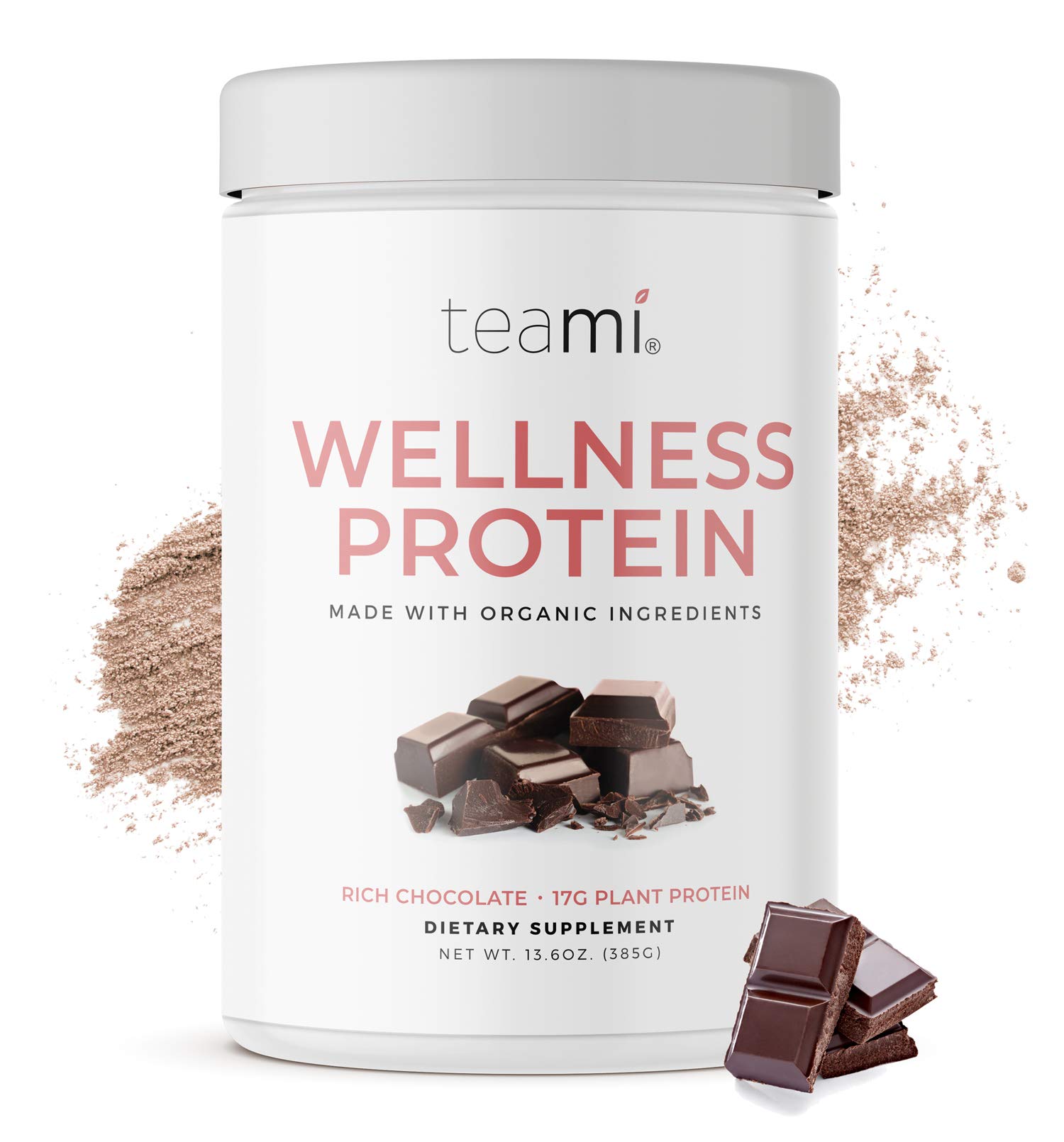 Teami Wellness Vegan Protein Powder - Organic Plant Based Protein, Chocolate Flavor, 13.6oz (14 Servings) | Low Carb, Non-GMO, Dairy & Soy Free, No Sugar Added | Perfect for Smoothies, Baking & Post-Workout Recovery