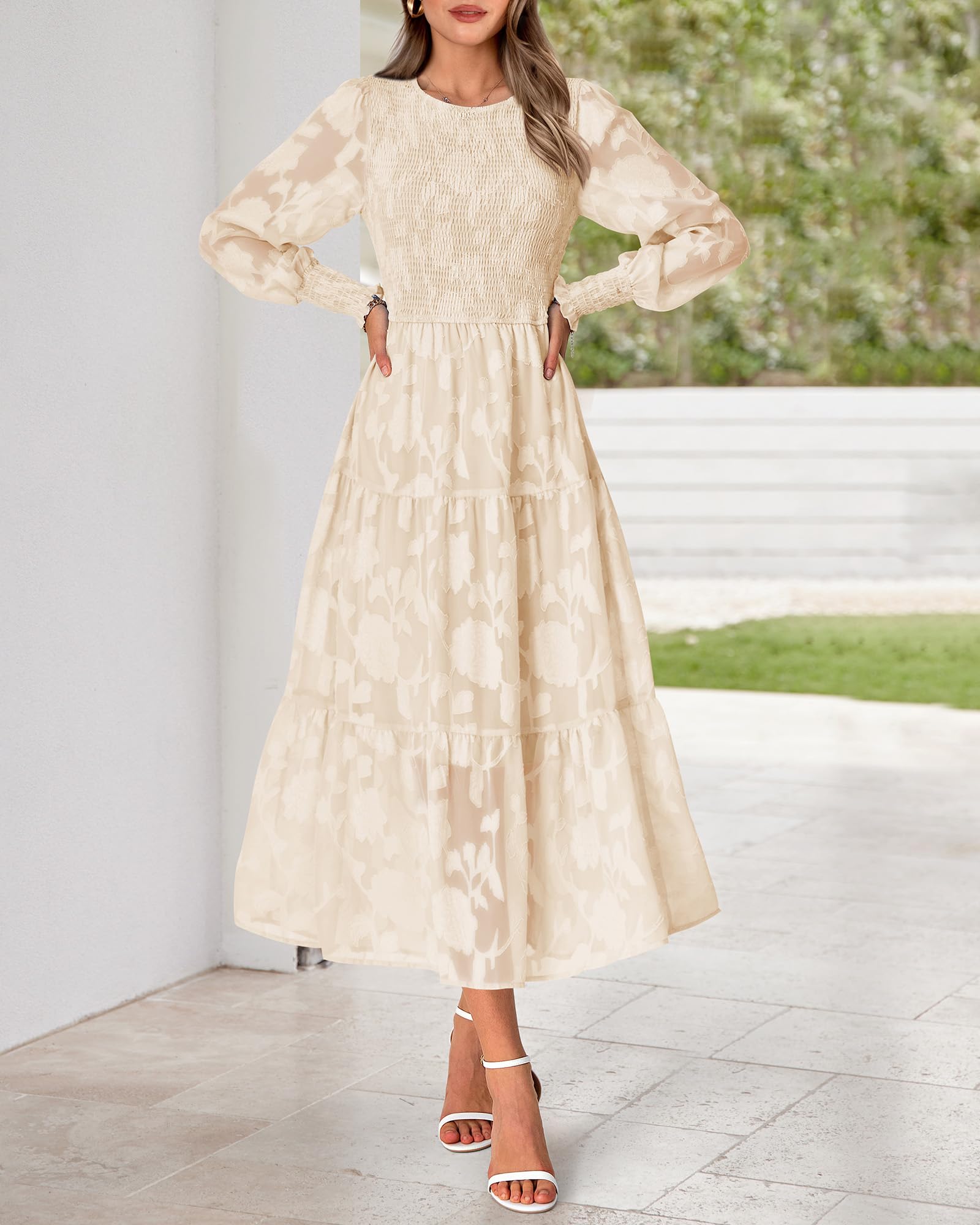 BTFBM Women's Elegant Floral Midi Dress Long Sleeve Bohemian Wedding Guest Dress - Perfect for Spring Weddings, Garden Parties & Casual Boho Outfits