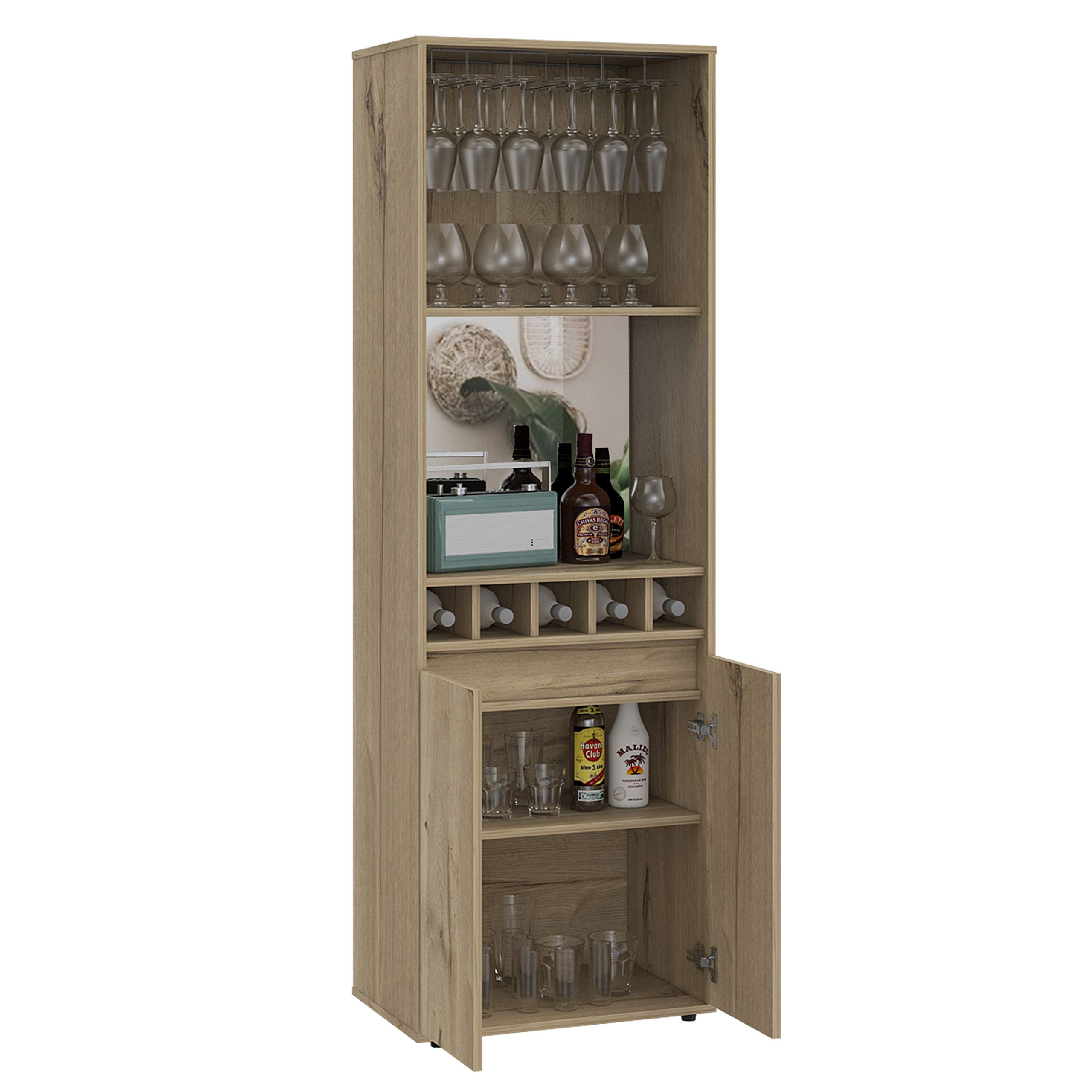 Redding Bar Cabinet with 2 Open Shelves & Double Doors - Light Oak Storage for Wine Bottles, Glassware & Liquor - Perfect for Home Bar, Dining Room or Entertainment Area