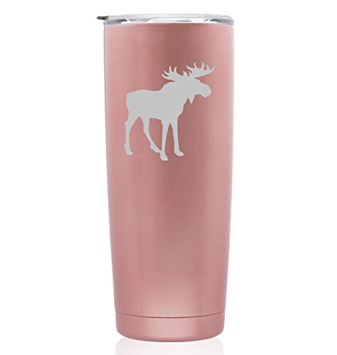 Premium Rose Gold Double Wall Vacuum Insulated Stainless Steel Tumbler - 20oz Skinny Travel Mug with Moose Design - Keeps Drinks Hot/Cold for Hours - Perfect for Coffee, Tea, Camping, Office & Outdoor Adventures
