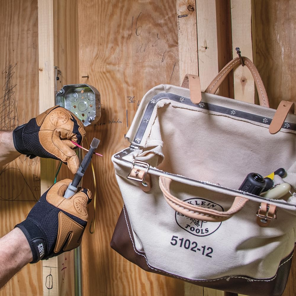 **Klein Tools 5102-12 Heavy Duty Natural Canvas Tool Bag – Durable Multi-Purpose Tool Tote with Wide Hinged Opening & Leather Handles (12-Inch) – Perfect for Electricians, Contractors & DIY Projects**