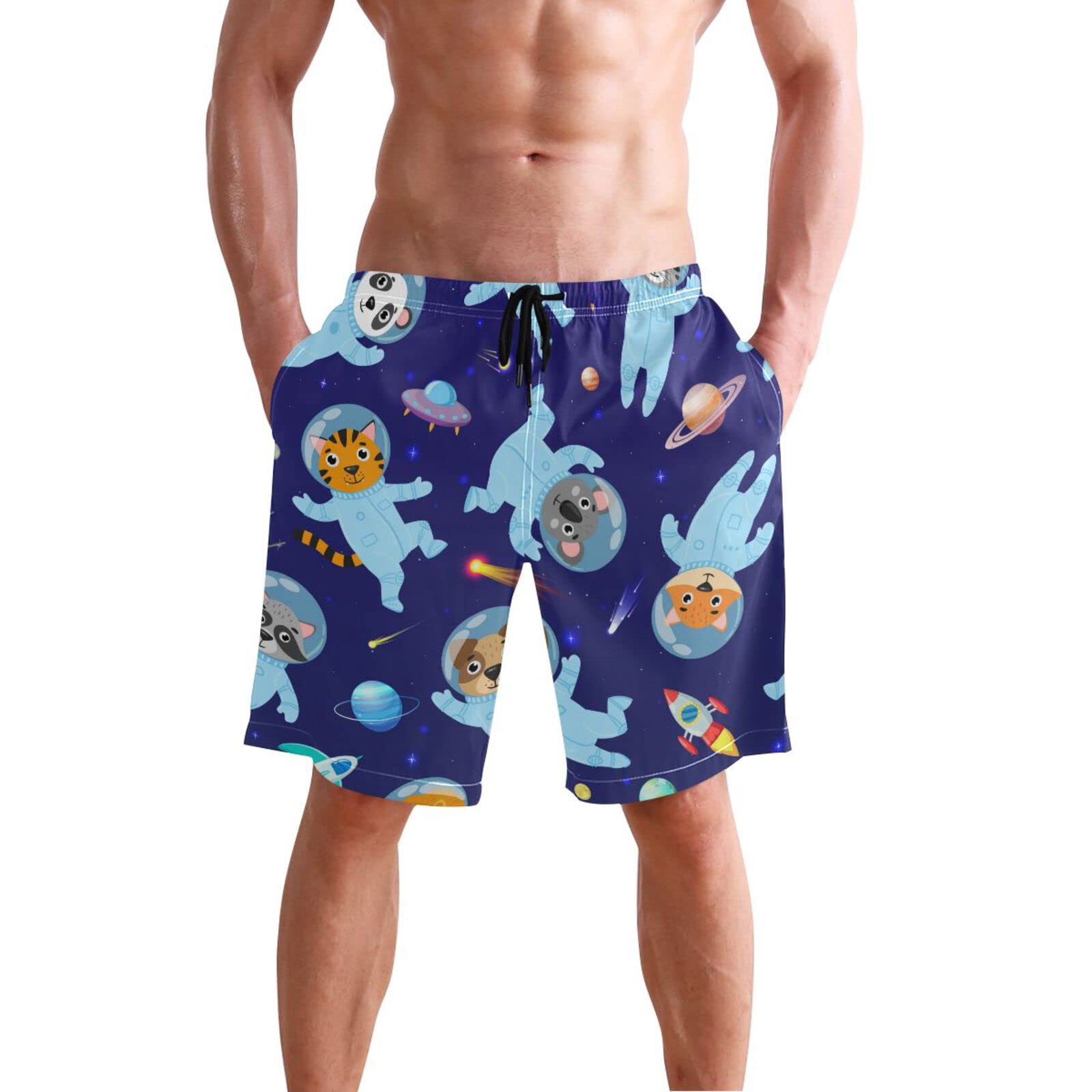 Space Animals Cats Men's Quick Dry Swim Trunks - Beach Board Shorts with Pockets for Swimming, Surfing & Summer Vacations