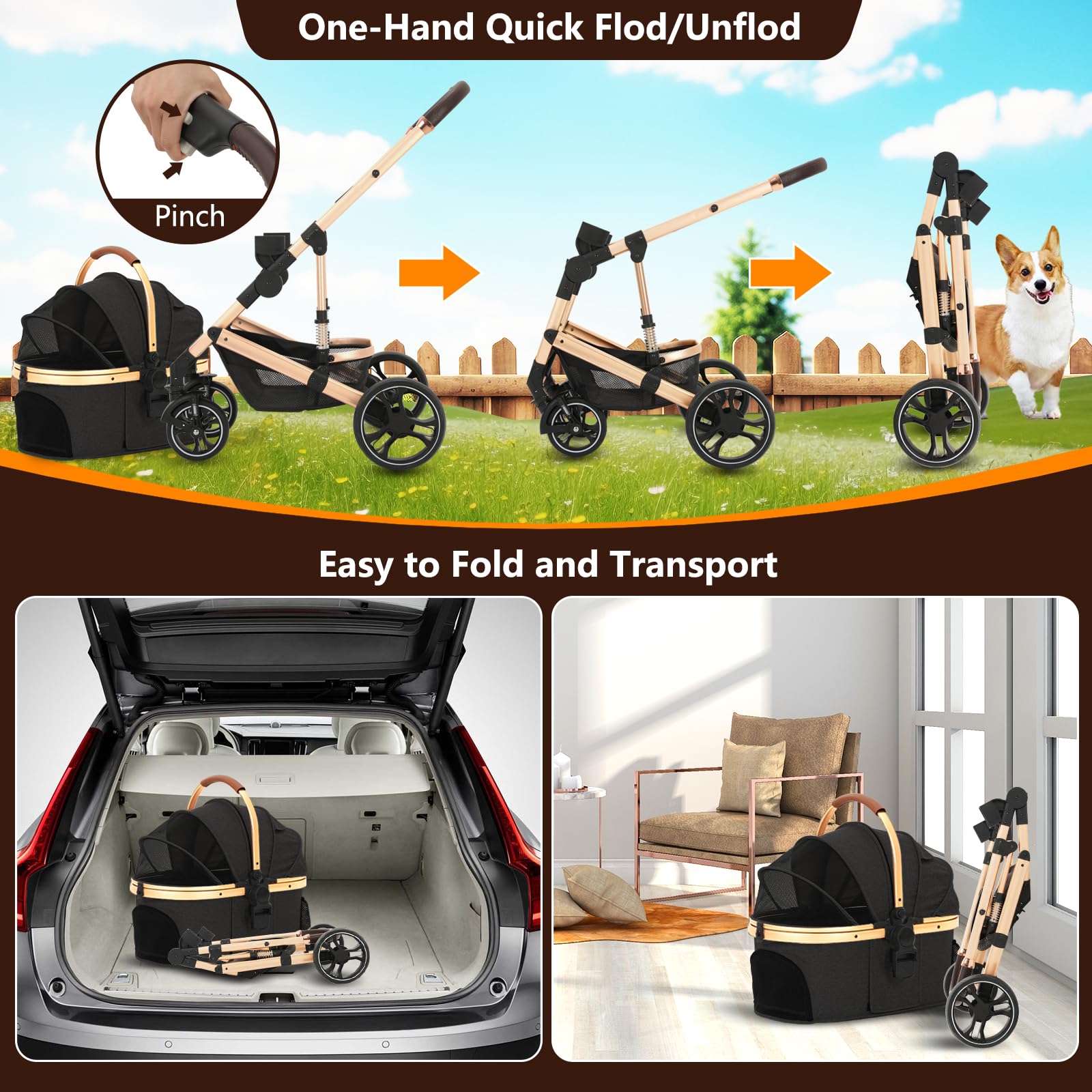 Premium 3-in-1 Folding Lightweight Pet Stroller with Detachable Carrier & Storage Basket - 4 Wheel Travel Stroller for Dogs, Puppies & Cats (Black) | Perfect for Vet Visits, Outdoor Walks & Shopping Trips