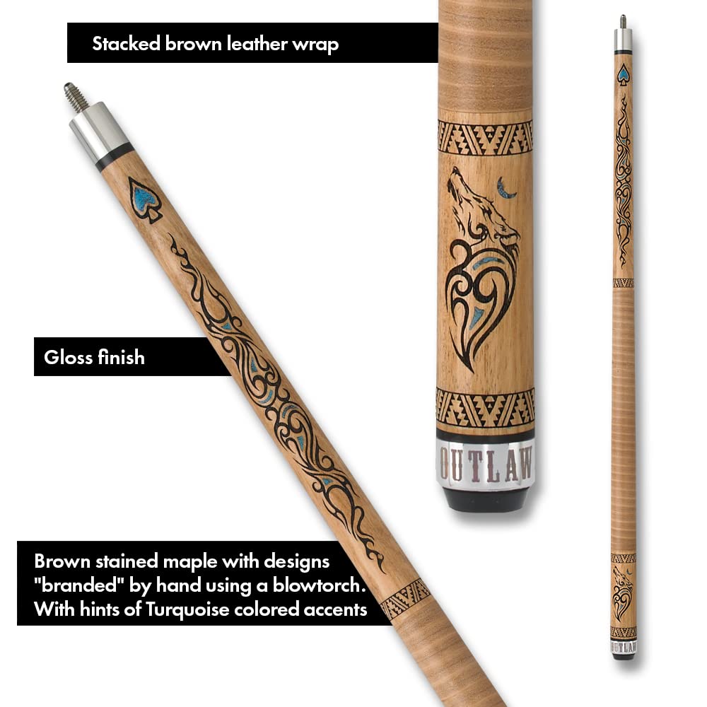 OUTLAW OL33 Thunder Pool Cue - Premium Brown Stained Maple Shaft with Wolf Design & Turquoise Accents | Professional Billiards Stick for Pool Halls & Home Game Rooms