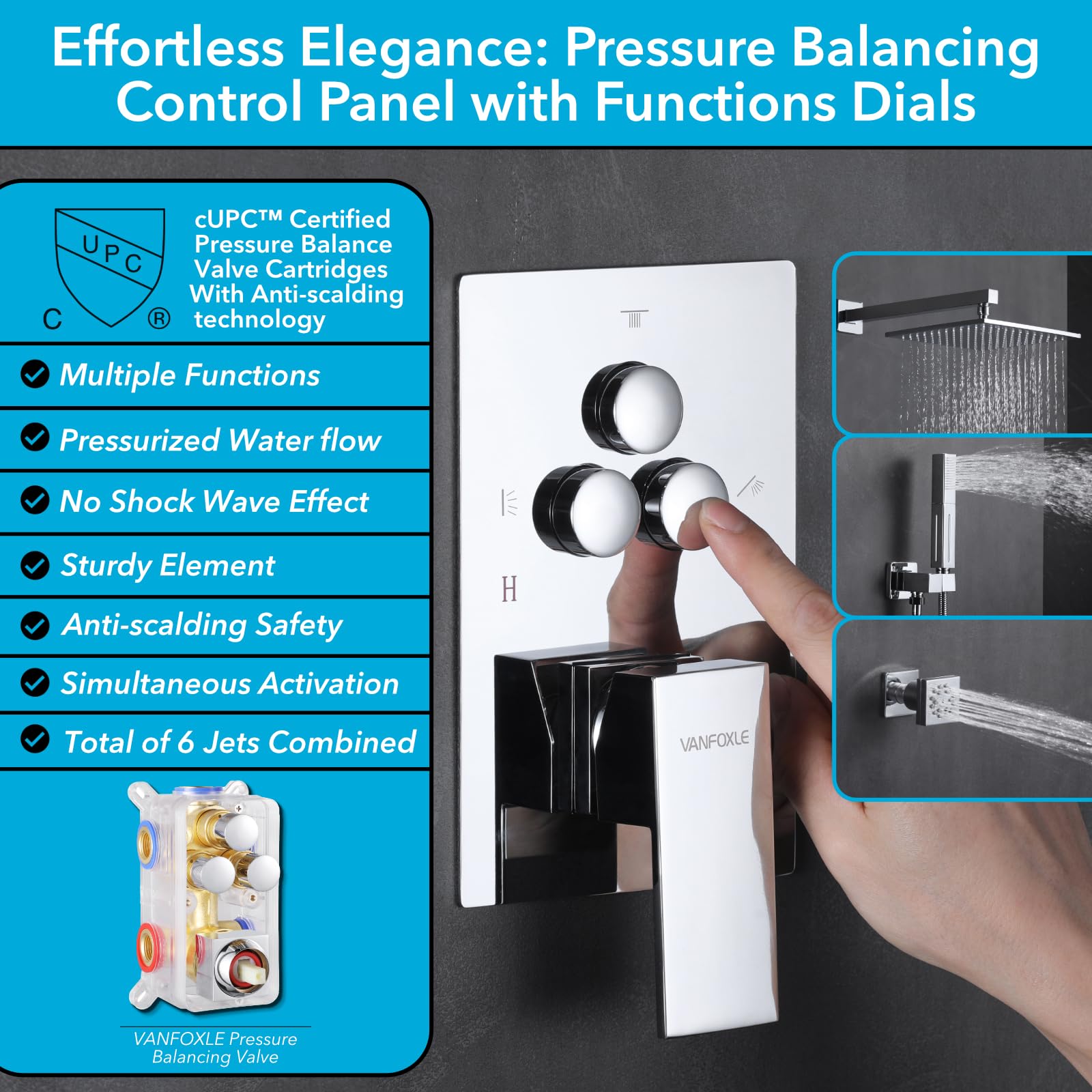VANFOXLE Chrome Shower Faucet Set with 2-in-1 Handheld & 6 Dual Mode Body Jets - 3 Spray Modes, 10 Inch Wall Mount Shower System for Modern Bathroom Renovation & Spa-Like Experience