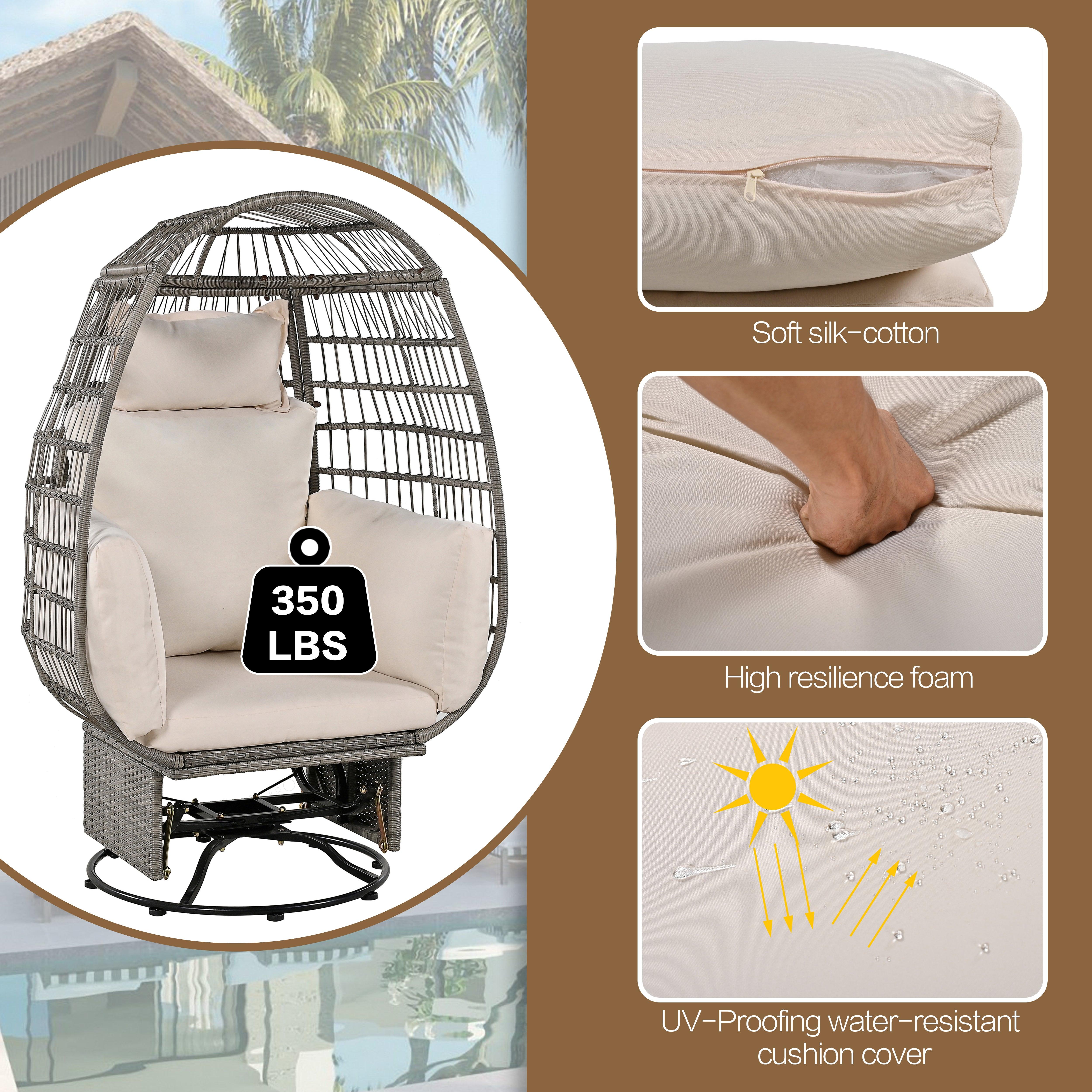 Outdoor Swivel Rocking Chair with Cushions - Rattan Egg Patio Chair for Balcony, Poolside, Garden - Perfect for Relaxing, Lounging & Sunbathing