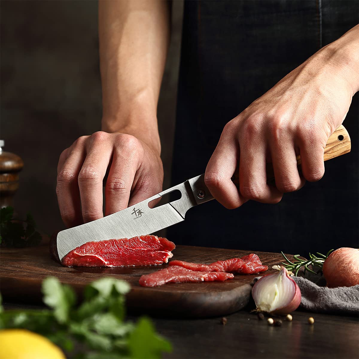 Premium 4-Piece Japanese Chef Knife Set - 440A Stainless Steel, Sharp Folding Pocket Knives with Natural Olive Wood Handle - Ideal for Home Cooking, Camping & Outdoor Adventures