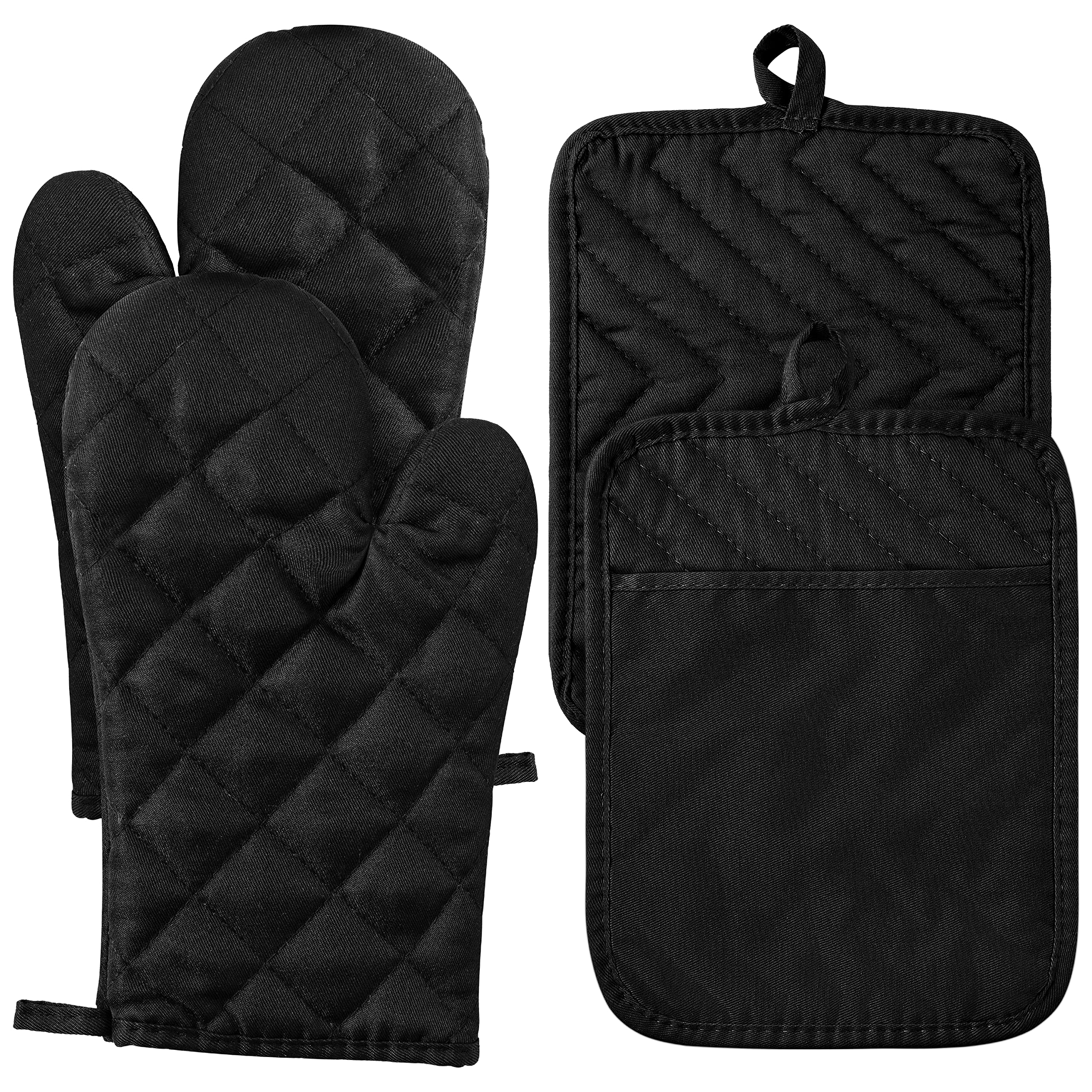 R HORSE 4-Piece Heat Resistant Oven Mitts Set with Cotton Lining - Black Kitchen Pot Holders, Cooking Gloves with Pockets & Hanging Loops - Perfect for Baking, Grilling, Roasting & Everyday Kitchen Use
