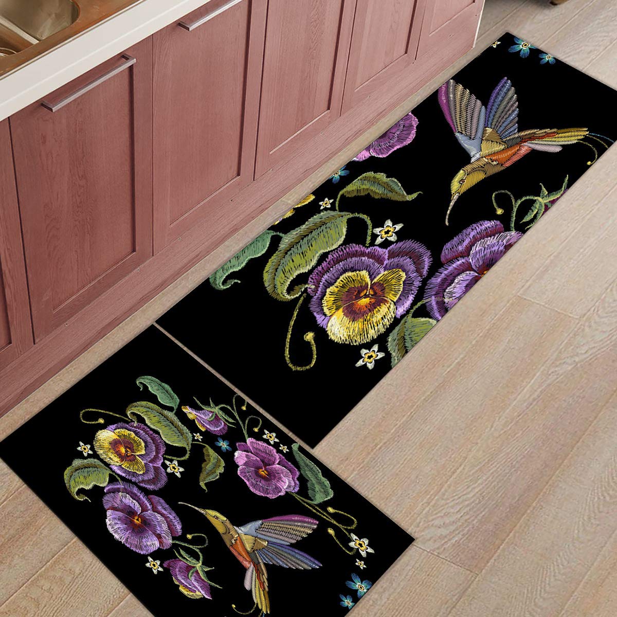 Z&L Home 2-Piece Non-Slip Kitchen Rugs Set with Rubber Backing - Hummingbird & Violet Flower Embroidery Style Washable Floor Mats for Bathroom, Bedroom, and Indoor Use - Perfect as Area Runners, Doormats, and Door Pads