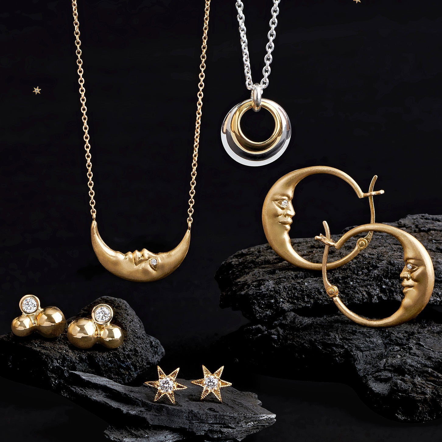 Crescent Moon Face Necklace with Diamond Eyes - Elegant Silver Pendant for Women, Perfect Gift for Birthday, Anniversary & Valentine's Day | Jewelry for Everyday Wear & Special Occasions