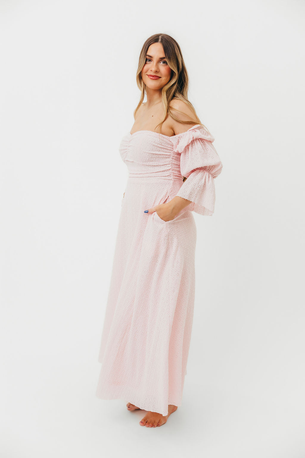 Corrine Tiered Sleeve Maxi Dress with Pockets - Baby Pink Maternity Dress | Bump Friendly & Comfortable for Pregnancy, Nursing, Special Occasions & Summer Weddings