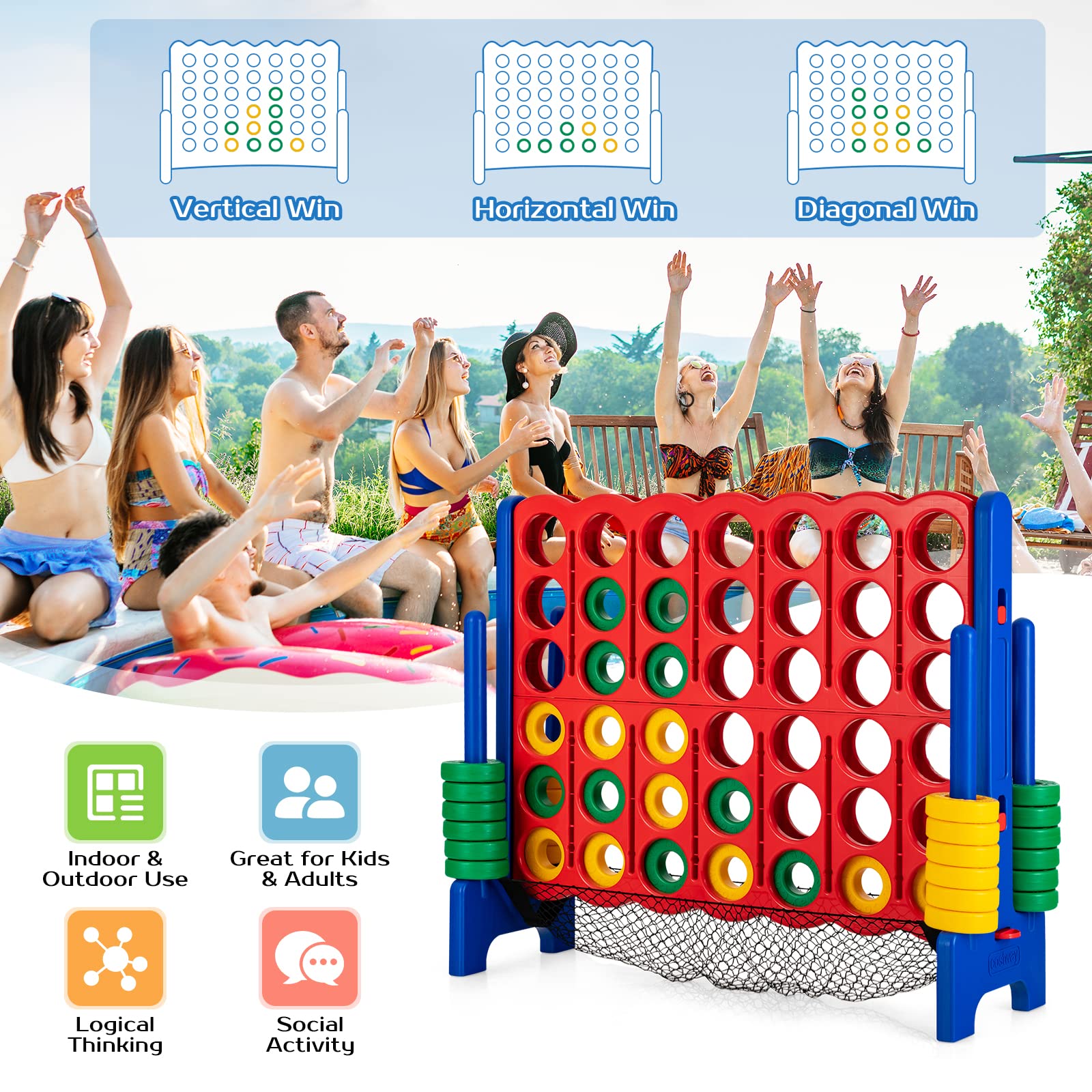 COSTWAY Jumbo 4-in-a-Row Giant Connect Game Set with Storage Bag - 42 Oversized Rings & Quick-Release Slider for Kids & Adults - Perfect for Family Game Night, Backyard Parties, Camping Trips & Indoor Fun