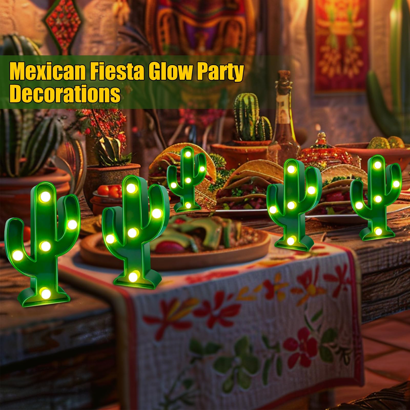 5-Piece LED Cactus Light Set - Green Cactus Night Light for Cinco De Mayo, Fiesta Party Decor, Kids Room, Bedroom & Home Decor (4.72 x 2.76 Inch) - Perfect for Mexican Themed Parties, Nursery Lighting & Cozy Home Ambiance