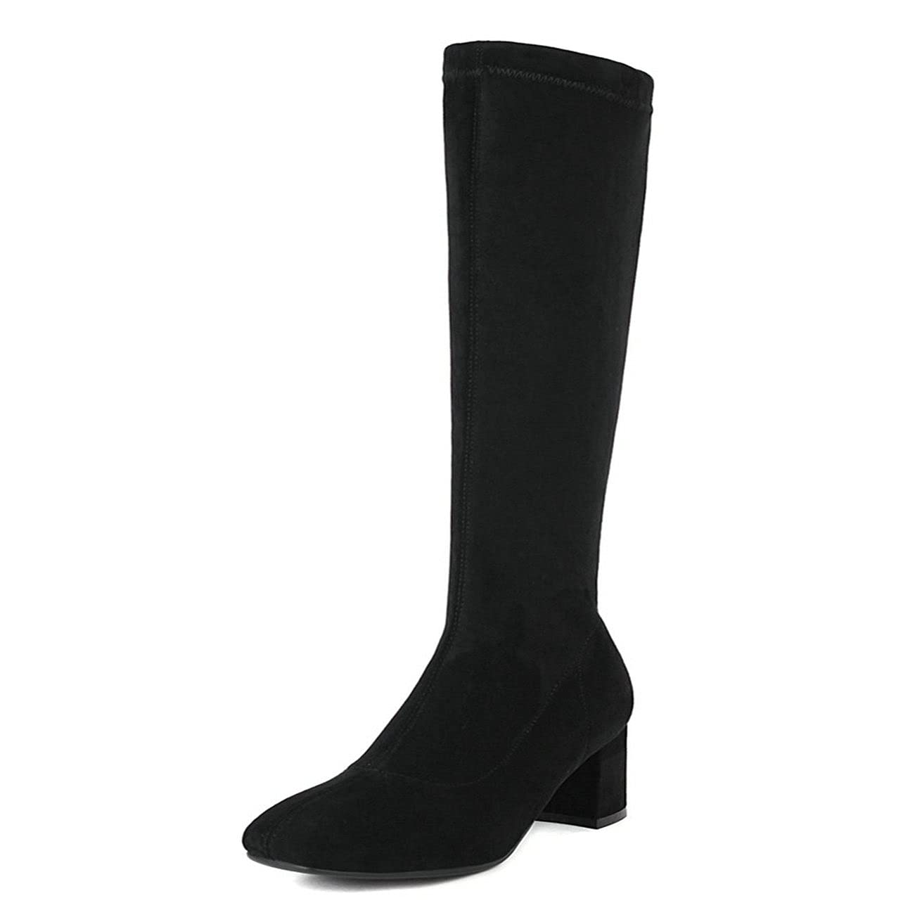 Women's Mid Block Heel Knee High Boots - Square Toe Faux Suede Side Zip Mid Calf Boots for Fall & Winter Fashion | Office, Party & Casual Outfits