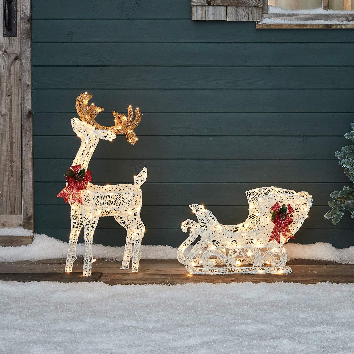 70cm Cotton Wire LED Christmas Sleigh with Renna Figure - 160 Warm White Lights with Timer - Indoor & Outdoor Holiday Decor for Home, Garden, and Christmas Tree