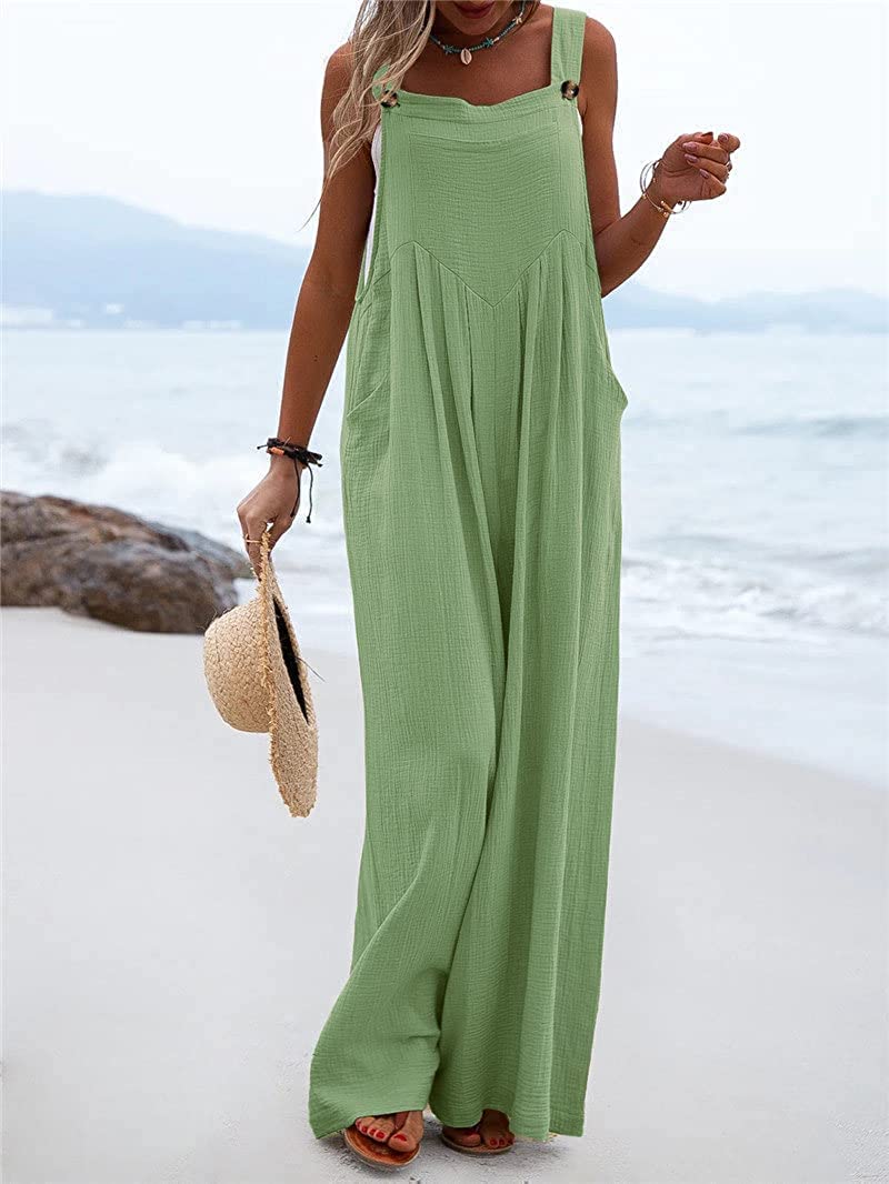Women's Wide Leg Overalls - Sleeveless Jumpsuit with Pockets | Loose Comfortable Baggy Suspender Romper for Casual Outings, Travel & Summer Fashion