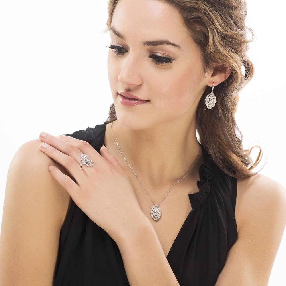 Vintage Art Deco Sterling Silver Cubic Zirconia CZ Necklace & Earrings Set for Women - Rhodium Plated Milgrain Jewelry - Perfect for Weddings, Parties & Evening Events