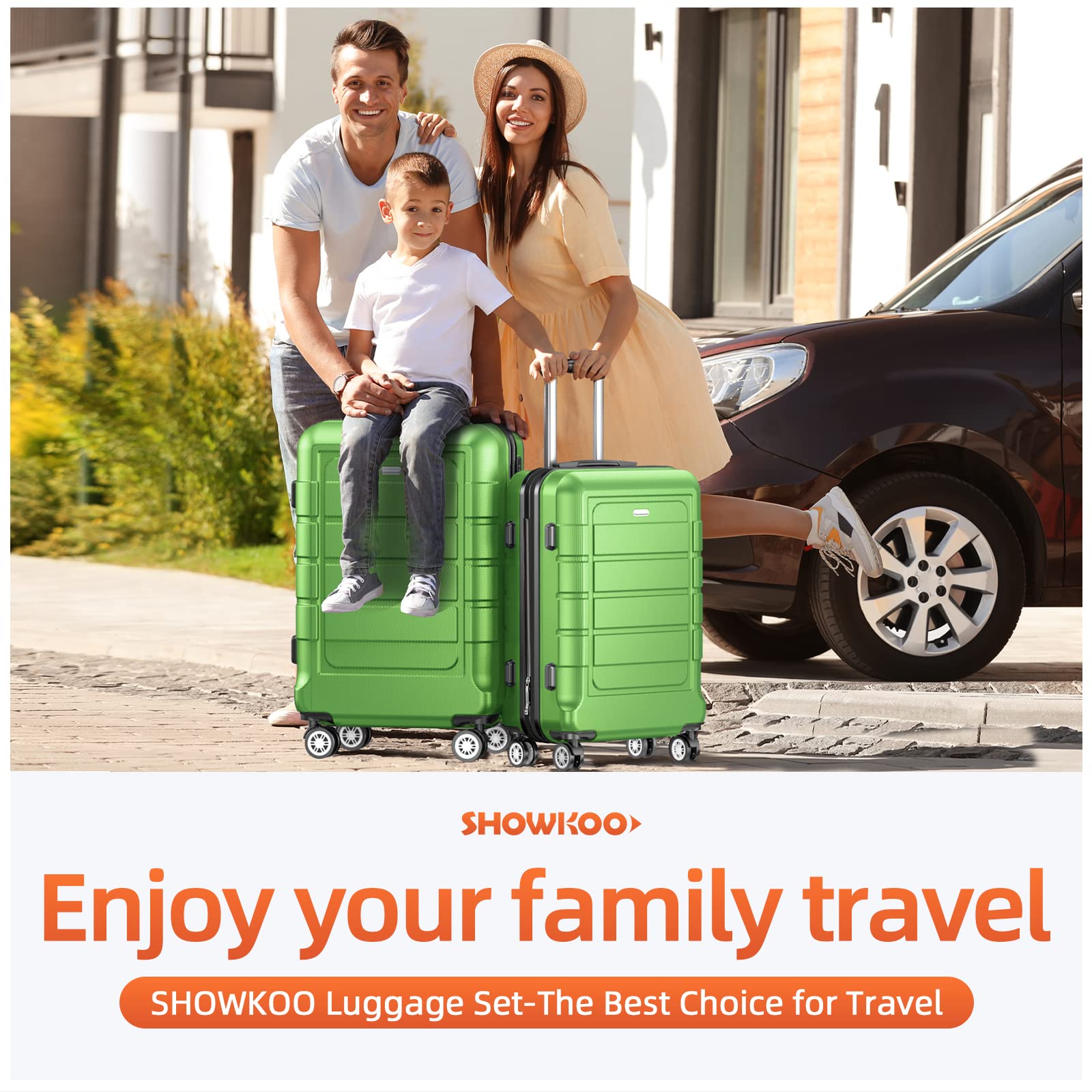 SHOWKOO Expandable 3-Piece Luggage Set - Durable PC+ABS Suitcase with Double Spinner Wheels & TSA Lock (Green) - Perfect for International Travel, Family Vacations & Business Trips