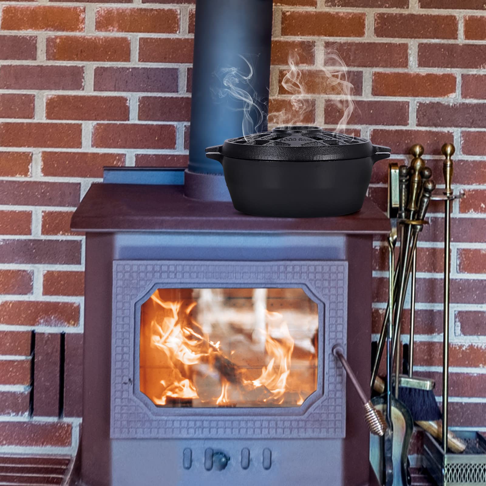 Premium Cast Iron Wood Stove Steamer & Fireplace Humidifier - 2.5 Quart Rust-Resistant Matte Black Design with Lattice Top | Indoor Wood Burning Stove Accessory for Dry Air Relief & Cozy Winter Home Decor