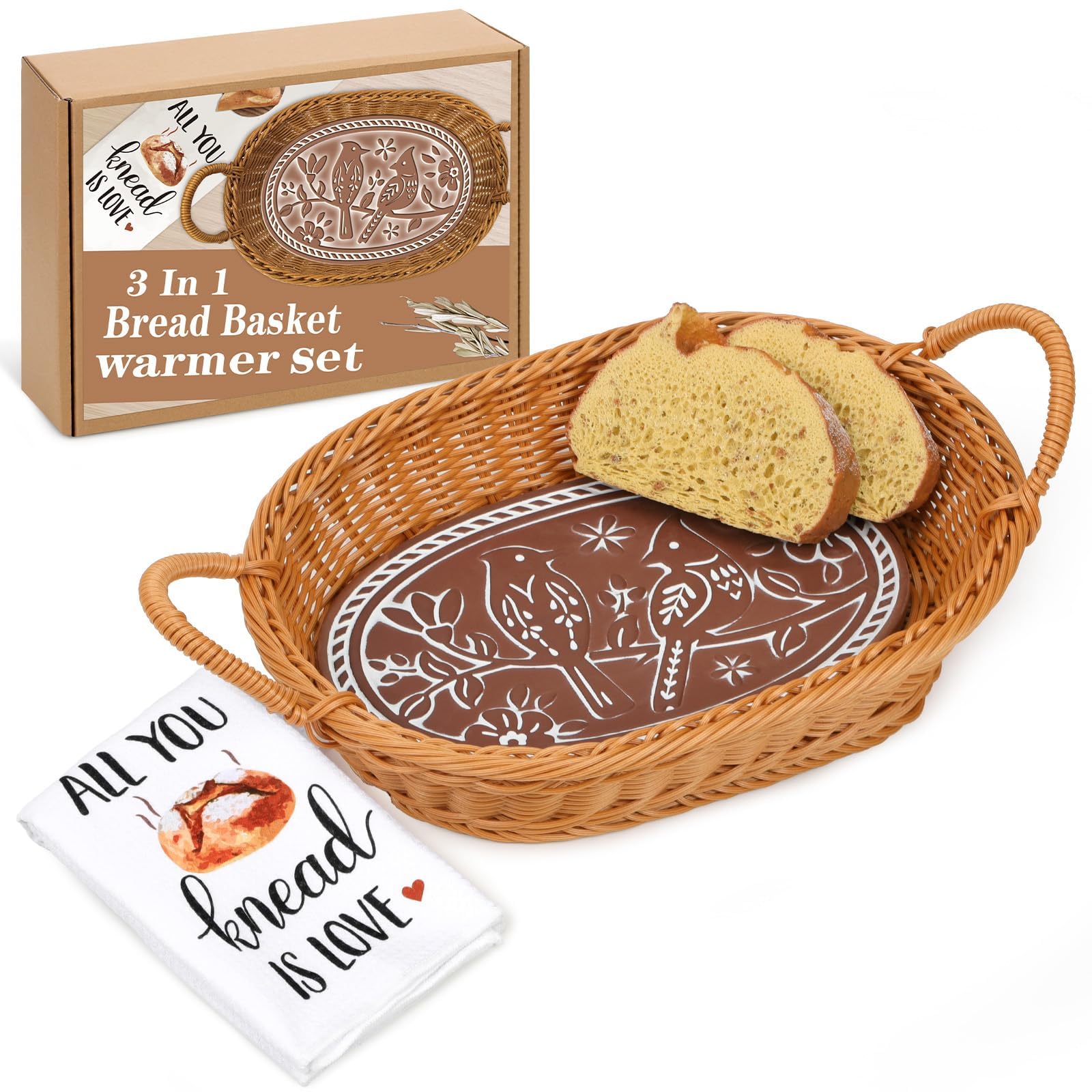 Stone Bread Warmer Basket with Kitchen Towel - Terracotta Tortilla & Bread Serving Basket with Bird on Branch Design - Perfect for Thanksgiving, Christmas, Housewarming Gifts - Ideal for Dinner Parties, Brunch & Holiday Gatherings