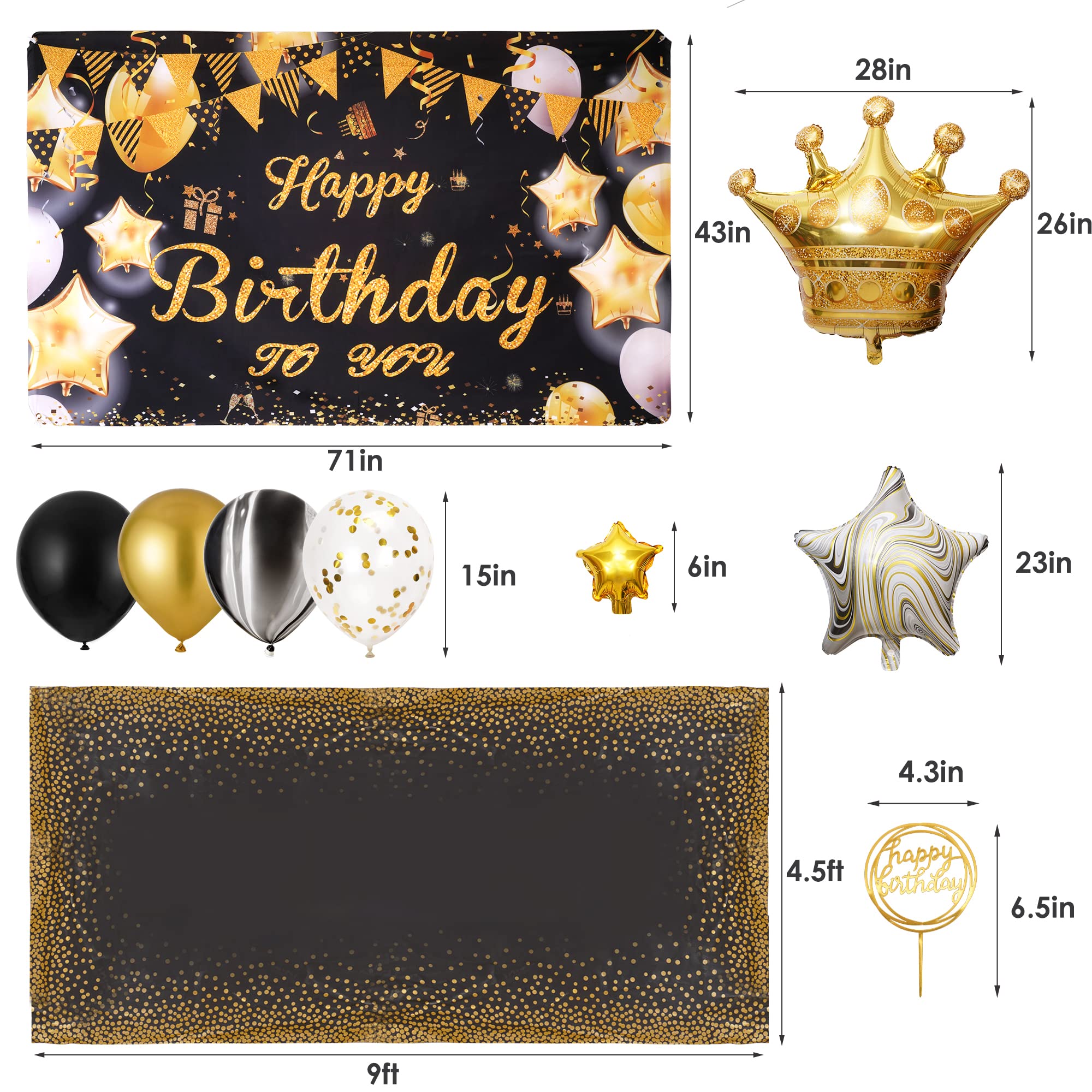 KATBUU Gold & Black Happy Birthday Decorations for Women & Girls - Elegant Party Supplies for Birthdays, Bridal Showers & Special Events